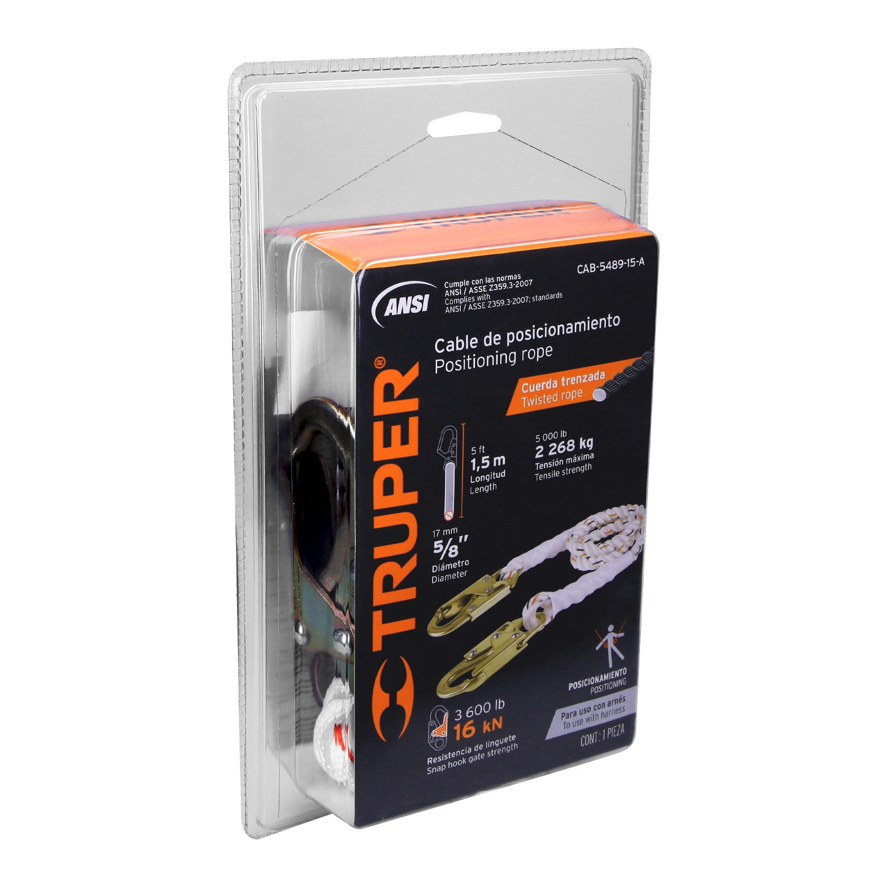 Cable de posicionamiento con 2 ganchos, 1.5 m, ANSI