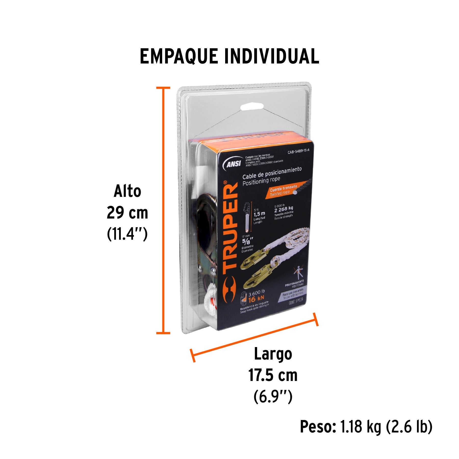 Cable de posicionamiento con 2 ganchos, 1.5 m, ANSI