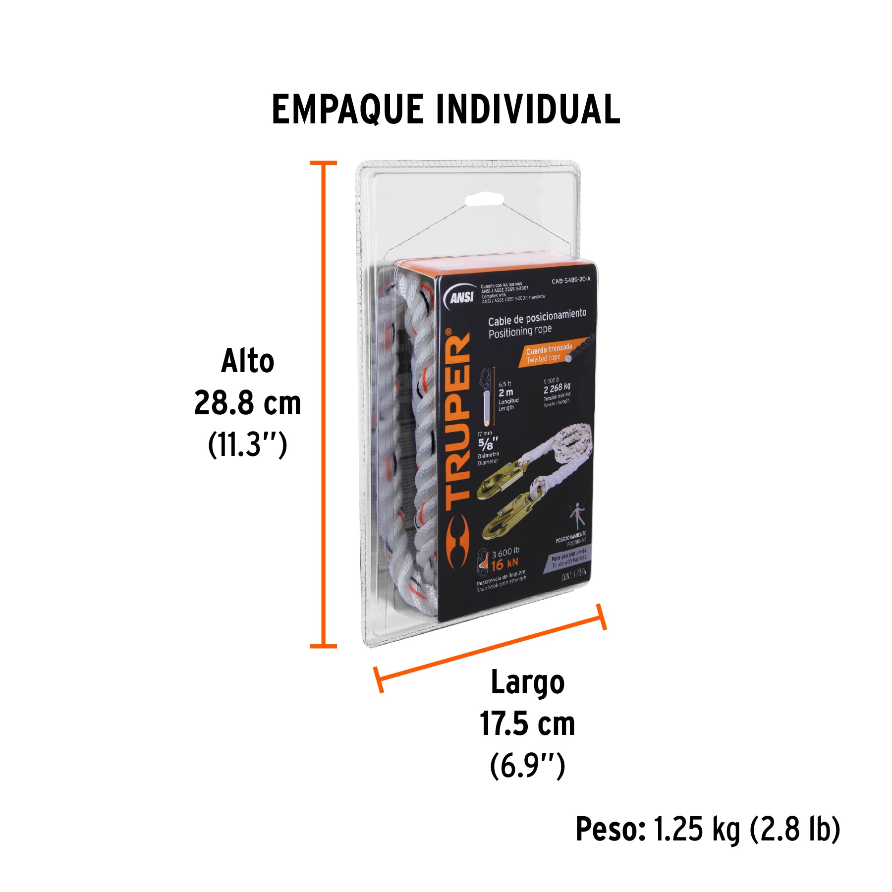 Cable de posicionamiento con 2 ganchos, 2 m, ANSI