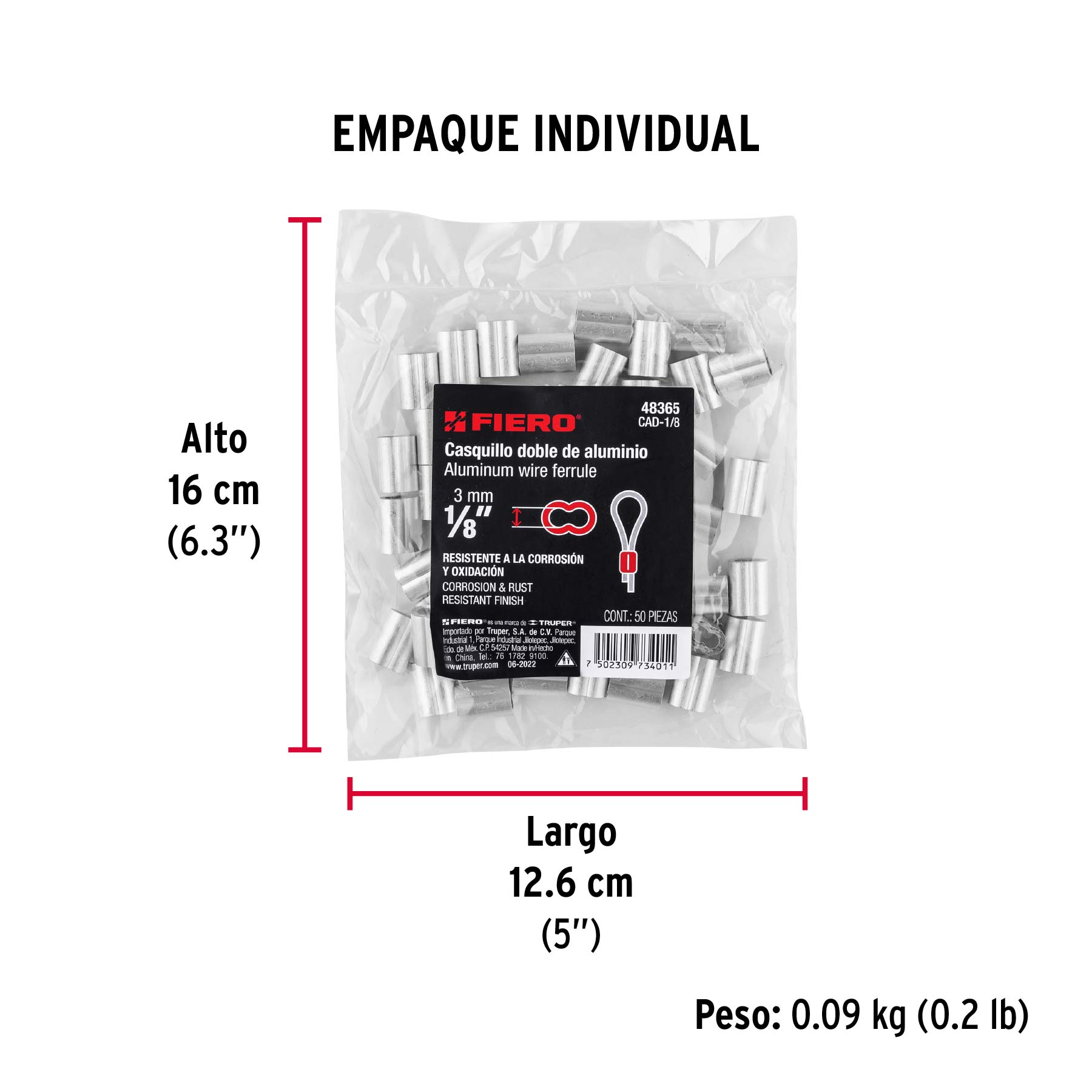 Bolsa con 50 casquillos dobles de aluminio, 1/8', Fiero