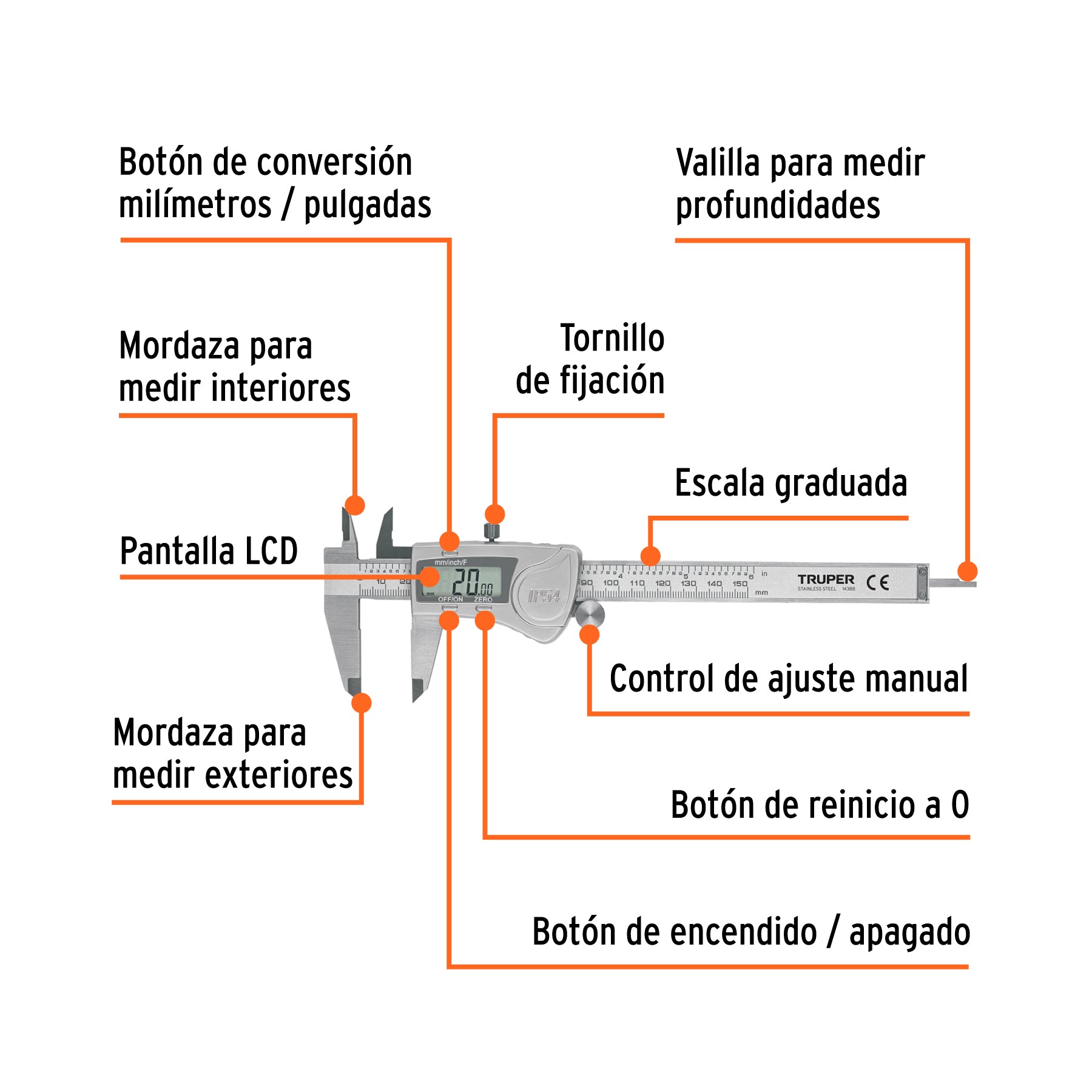 Calibrador digital de 6", milimétrico y standard