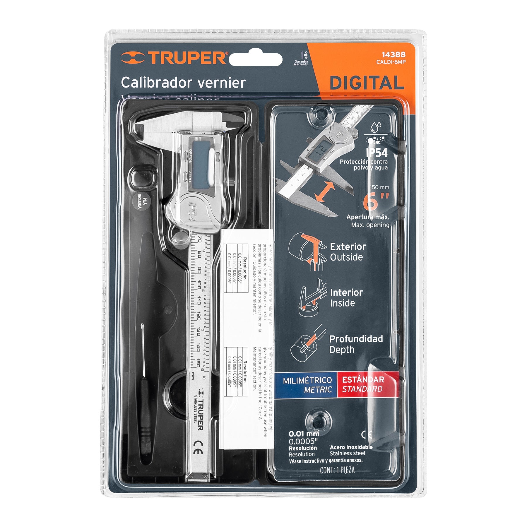Calibrador digital de 6", milimétrico y standard