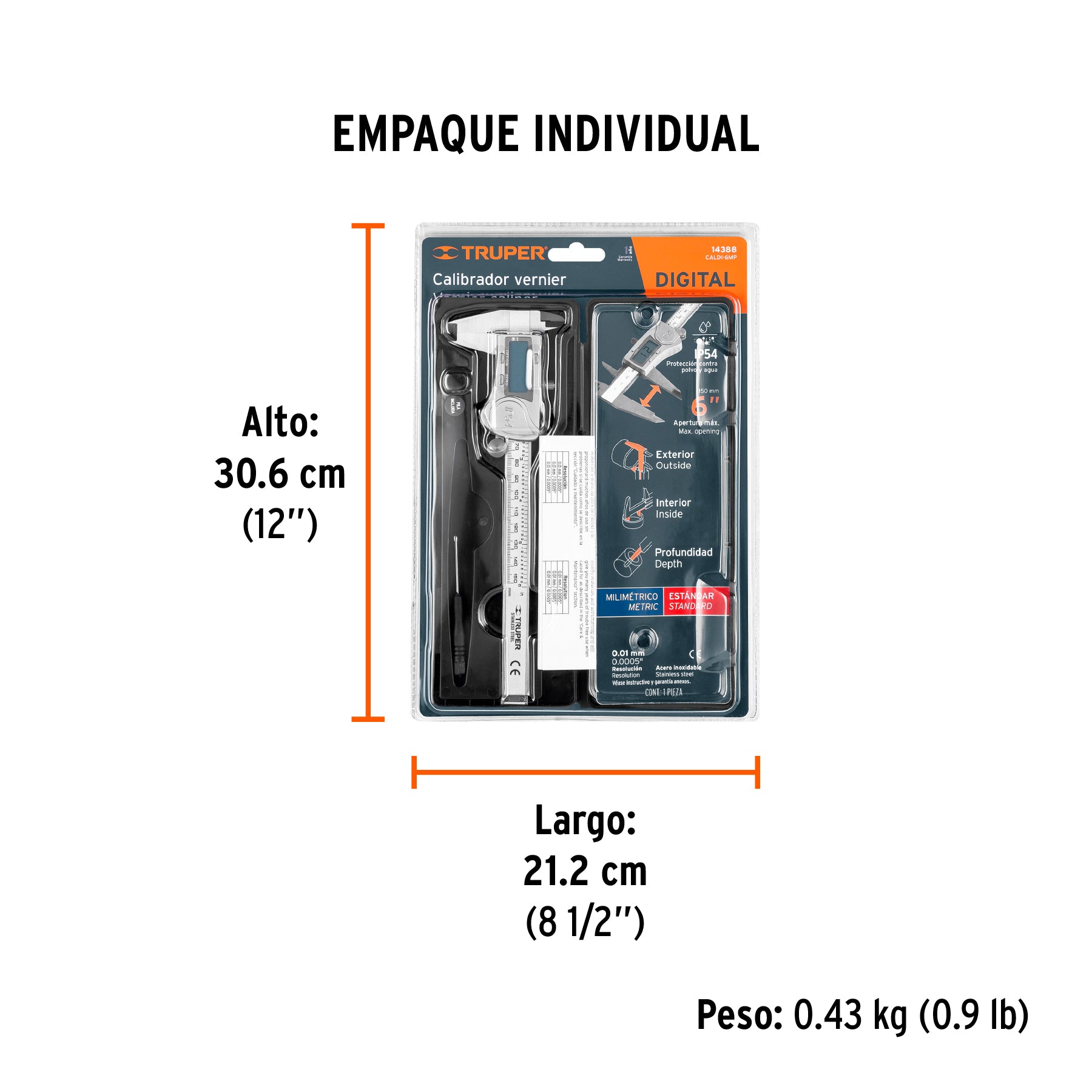 Calibrador digital de 6", milimétrico y standard