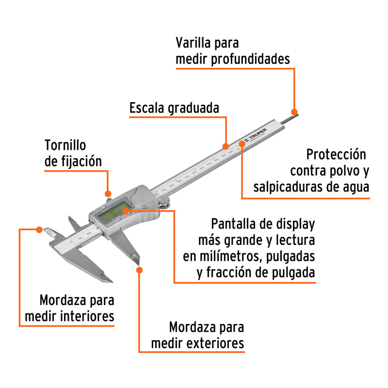 Calibrador digital de 6", milimétrico y standard