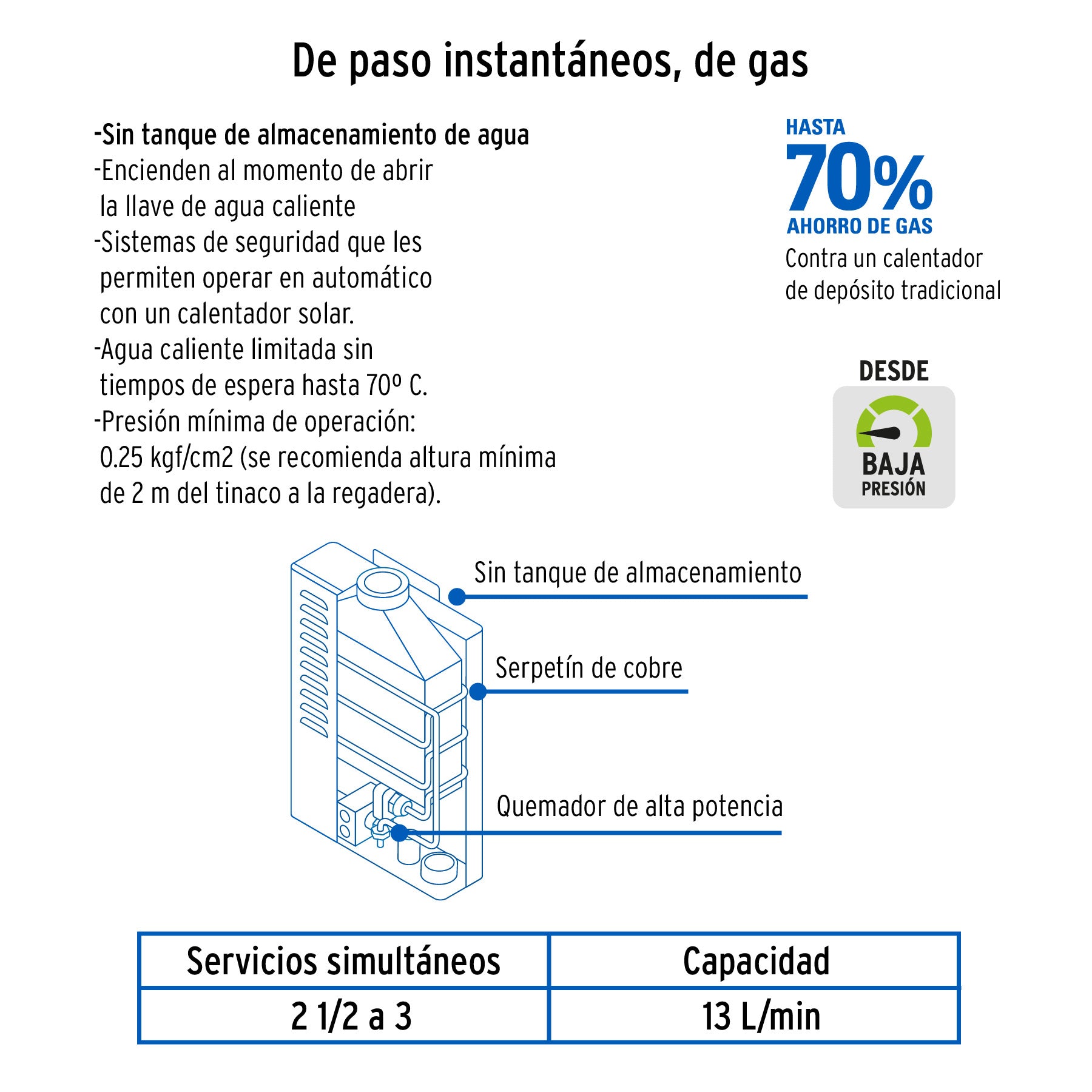 Calentador de paso instantáneo, 13L, gas LP, 2 servicios