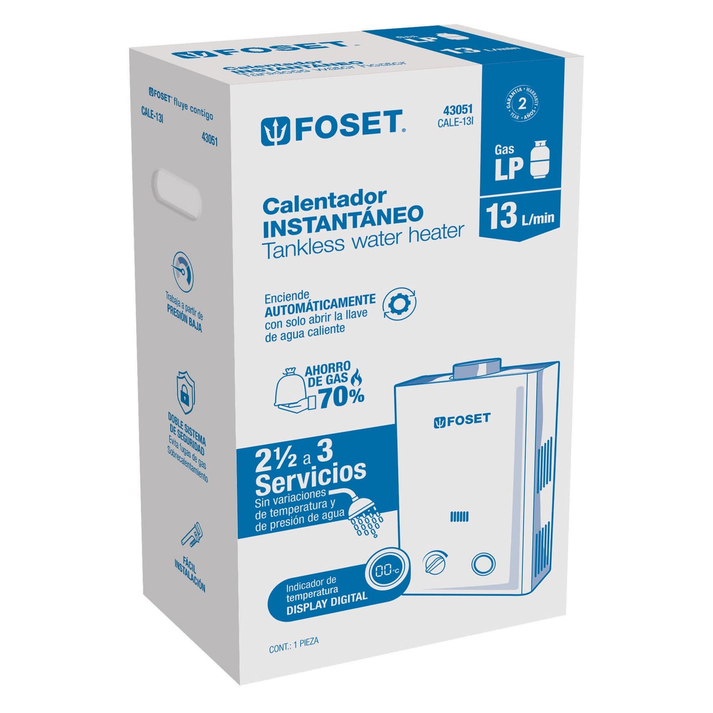 Calentador de paso instantáneo, 13L, gas LP, 2 servicios