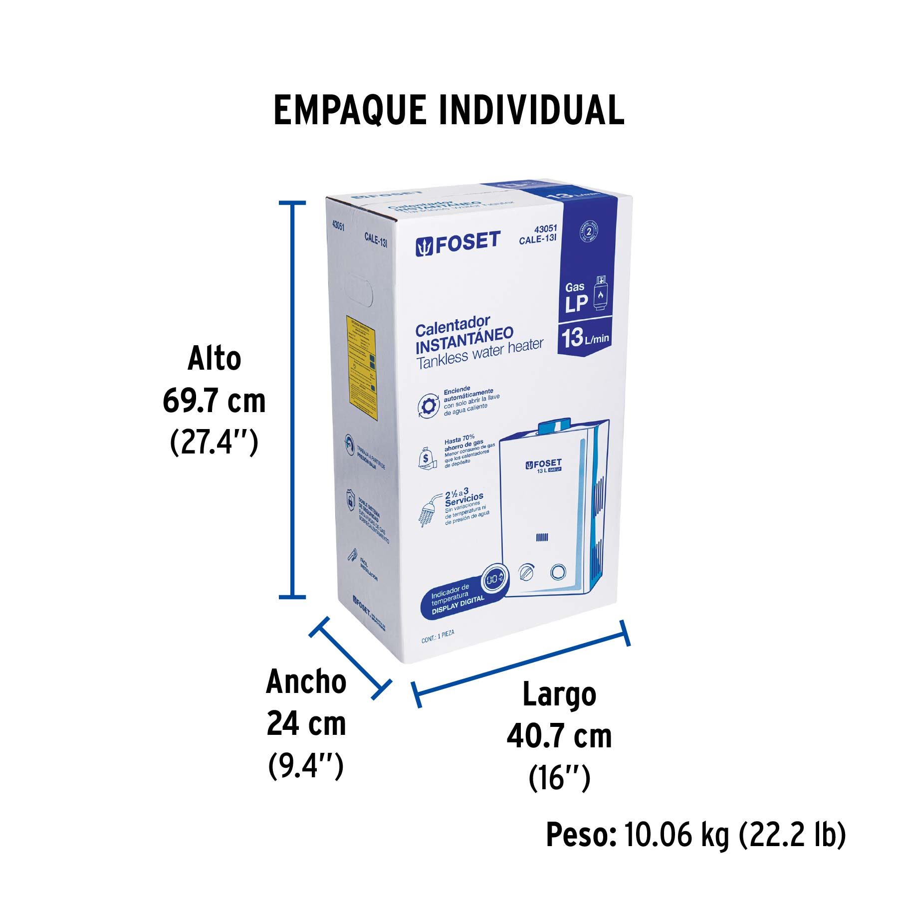 Calentador de paso instantáneo, 13L, gas LP,