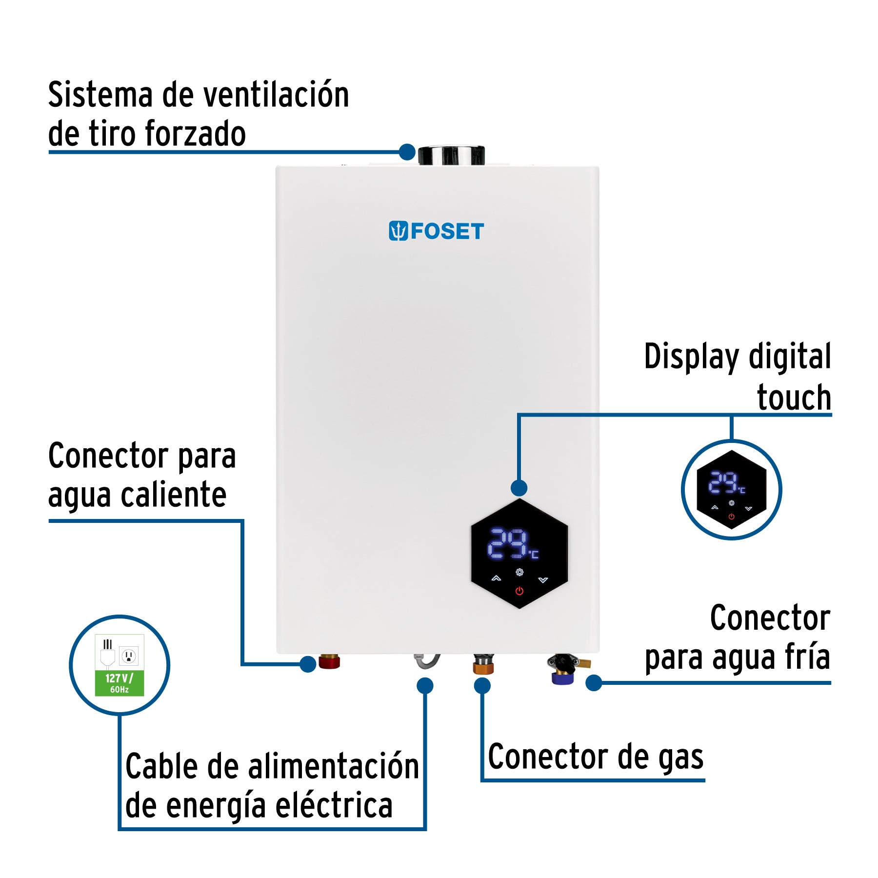 Calentador instantáneo modulante,24 L, gas LP, 4 servicios