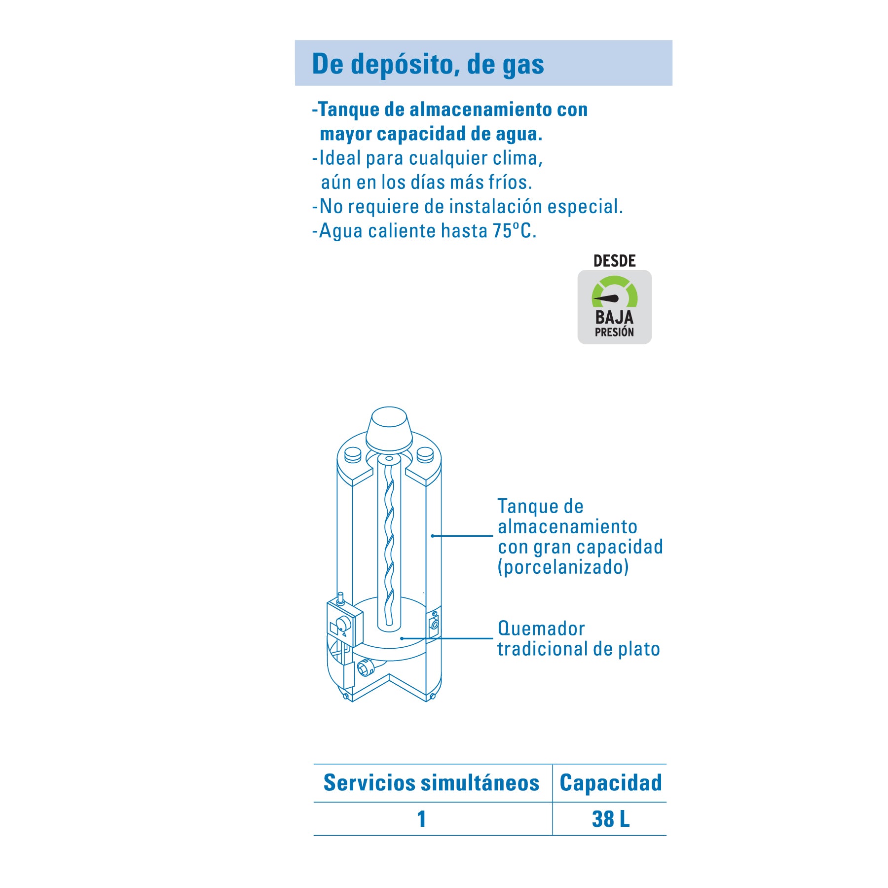 Calentador de Depósito, 38L, gas LP, 1 servicio