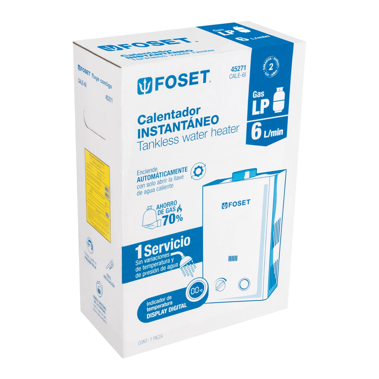 Calentador de paso instantáneo, 6L, gas LP, 1 servicio