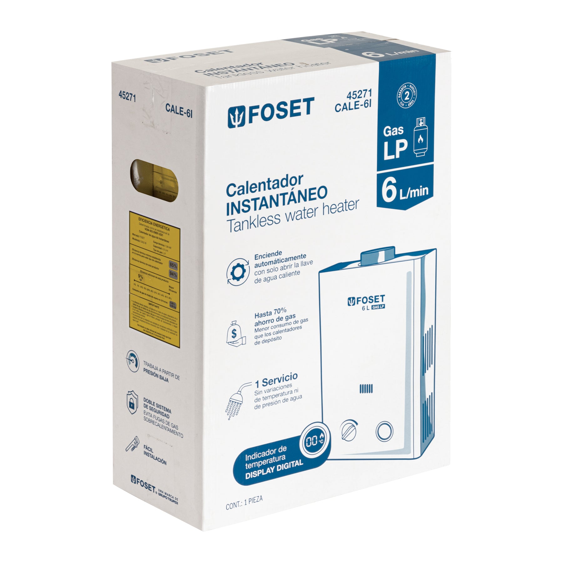 Calentador de paso instantáneo, 6L, gas LP, 1 servicio