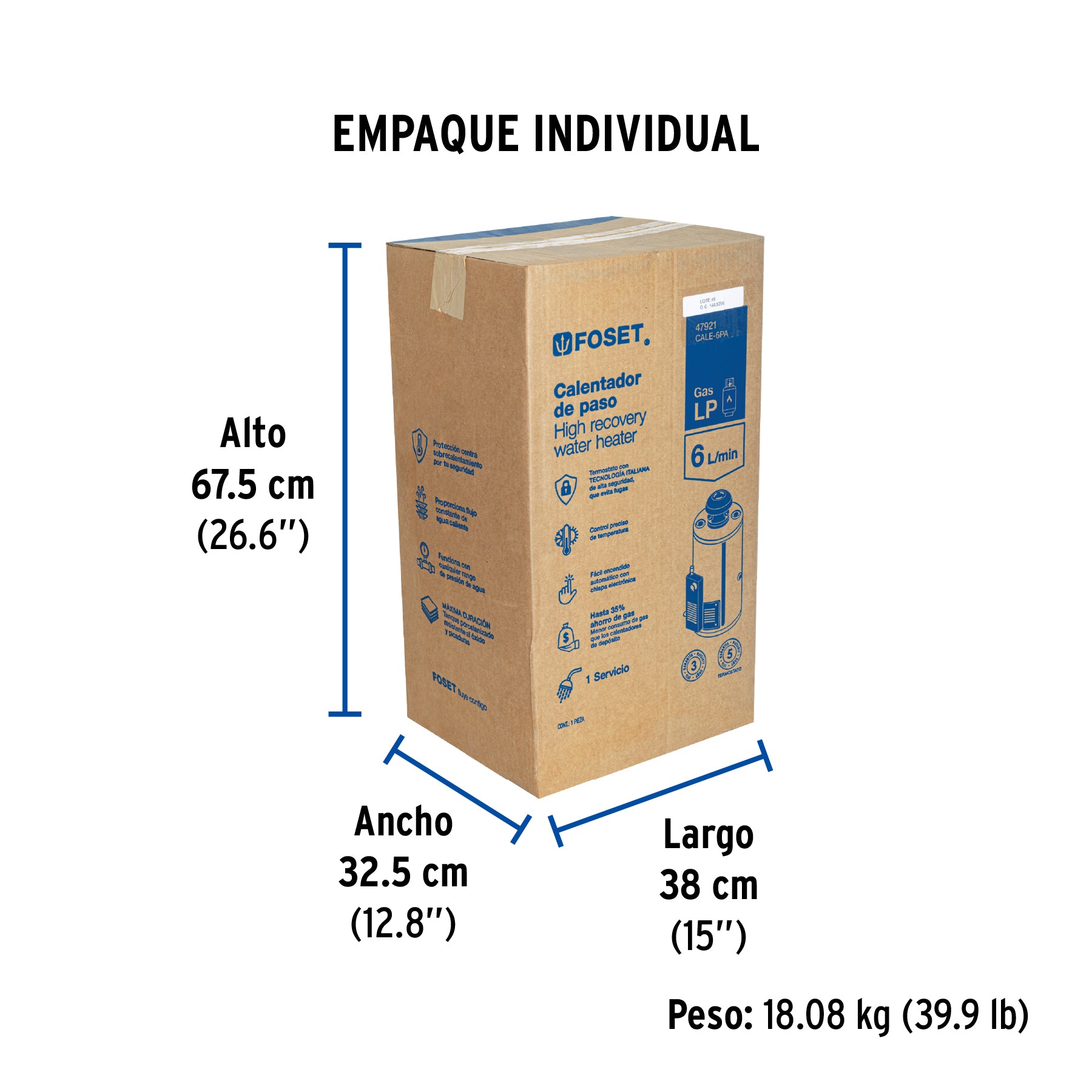Calentador paso 6L gas L.P. piezo eléct.