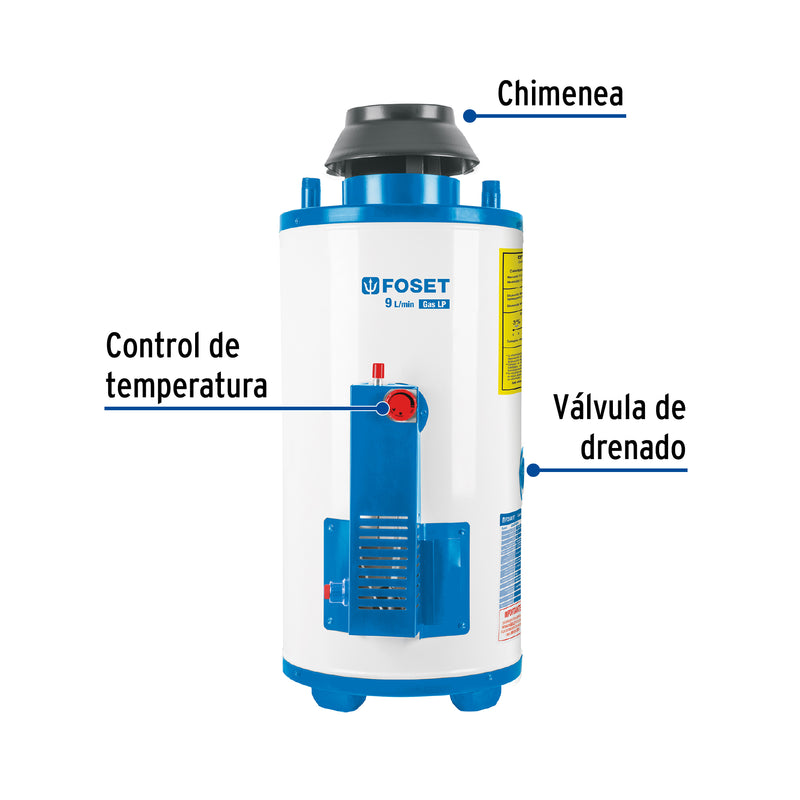 Calentador de paso 9L 2 servicios gas L.P. piezo eléct. Fose