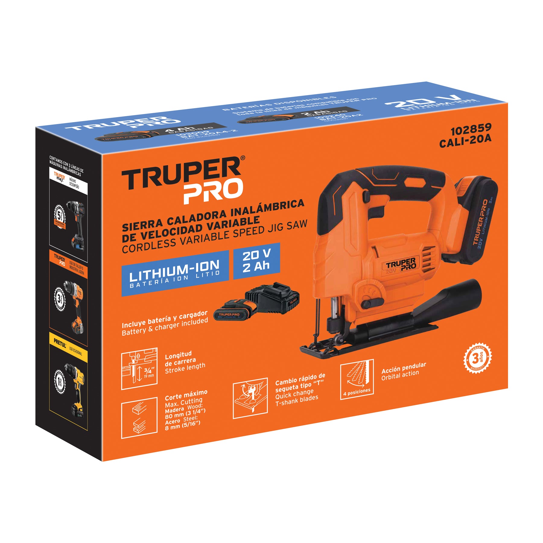 Sierra caladora inal. 20V, 1 bat. 2Ah, 1 carg. TRUPER PRO