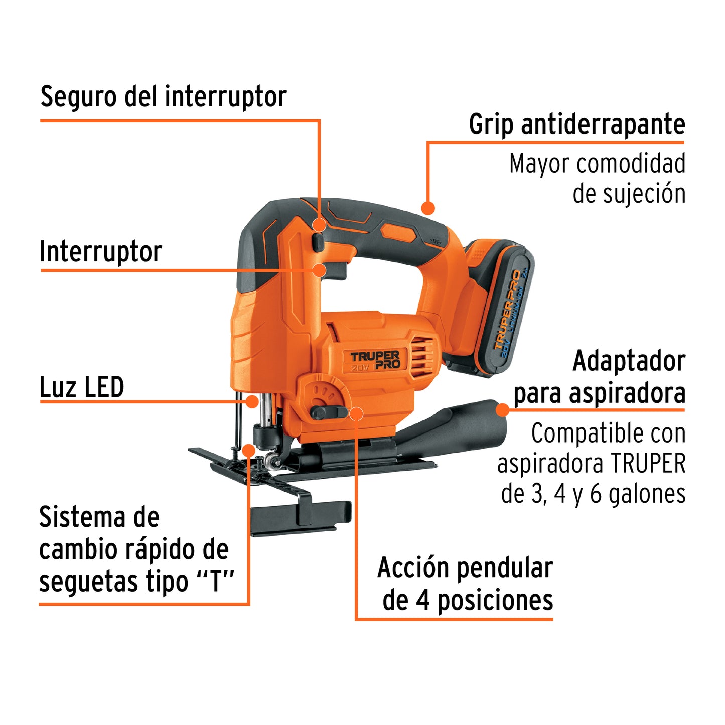 Sierra caladora inal. 20V, 1 bat. 2Ah, 1 carg. TRUPER PRO