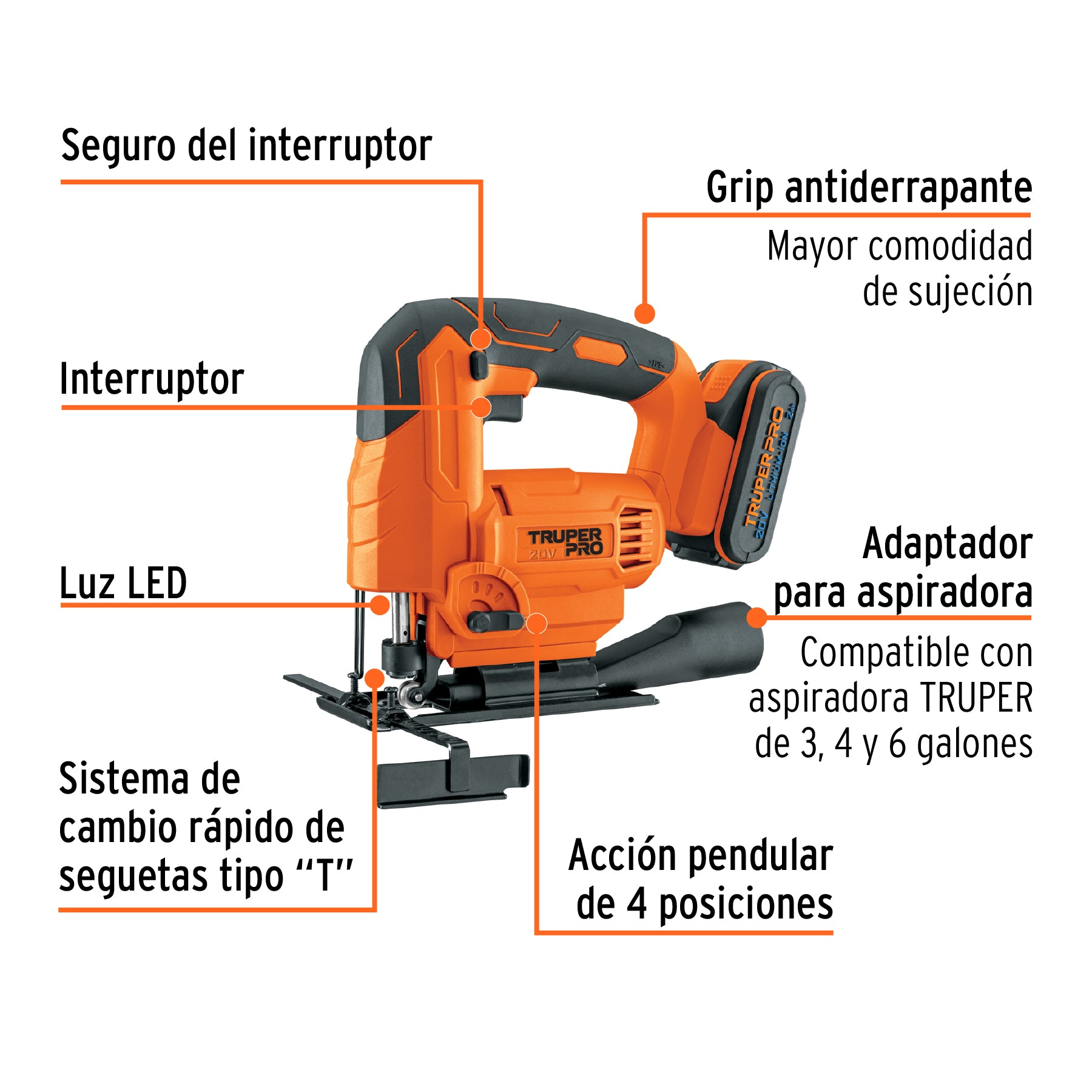 Sierra caladora inal. 20V, 1 bat. 2Ah, 1 carg. TRUPER PRO