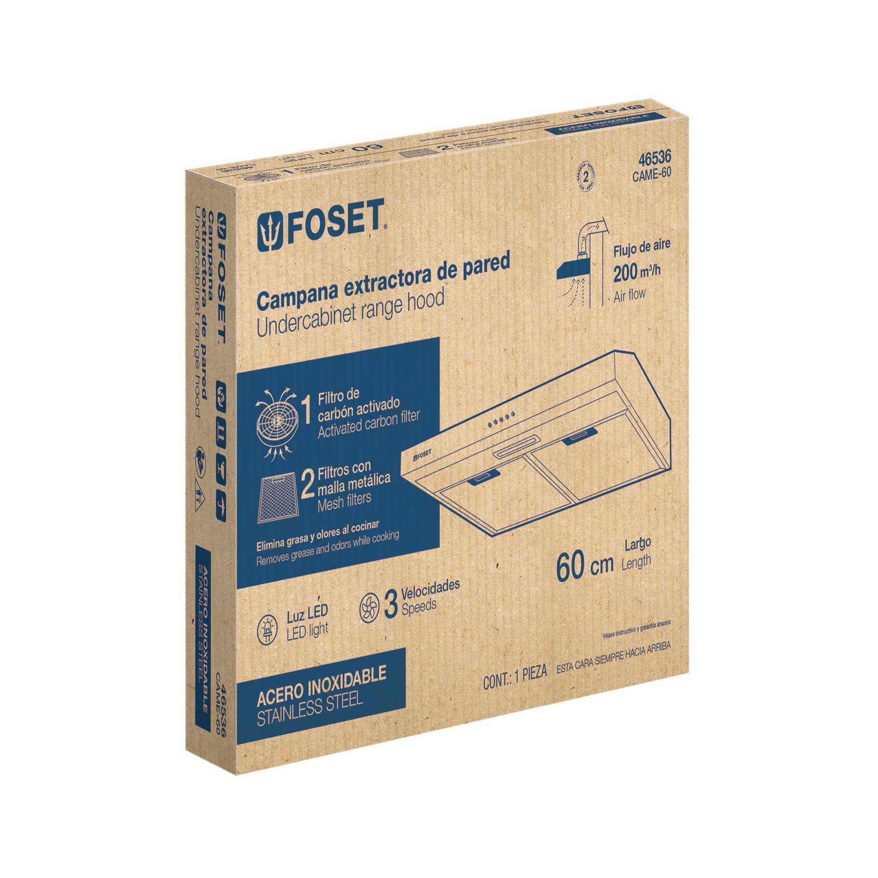 Campana extractora 60 cm, de pared, acero inoxidable, Foset