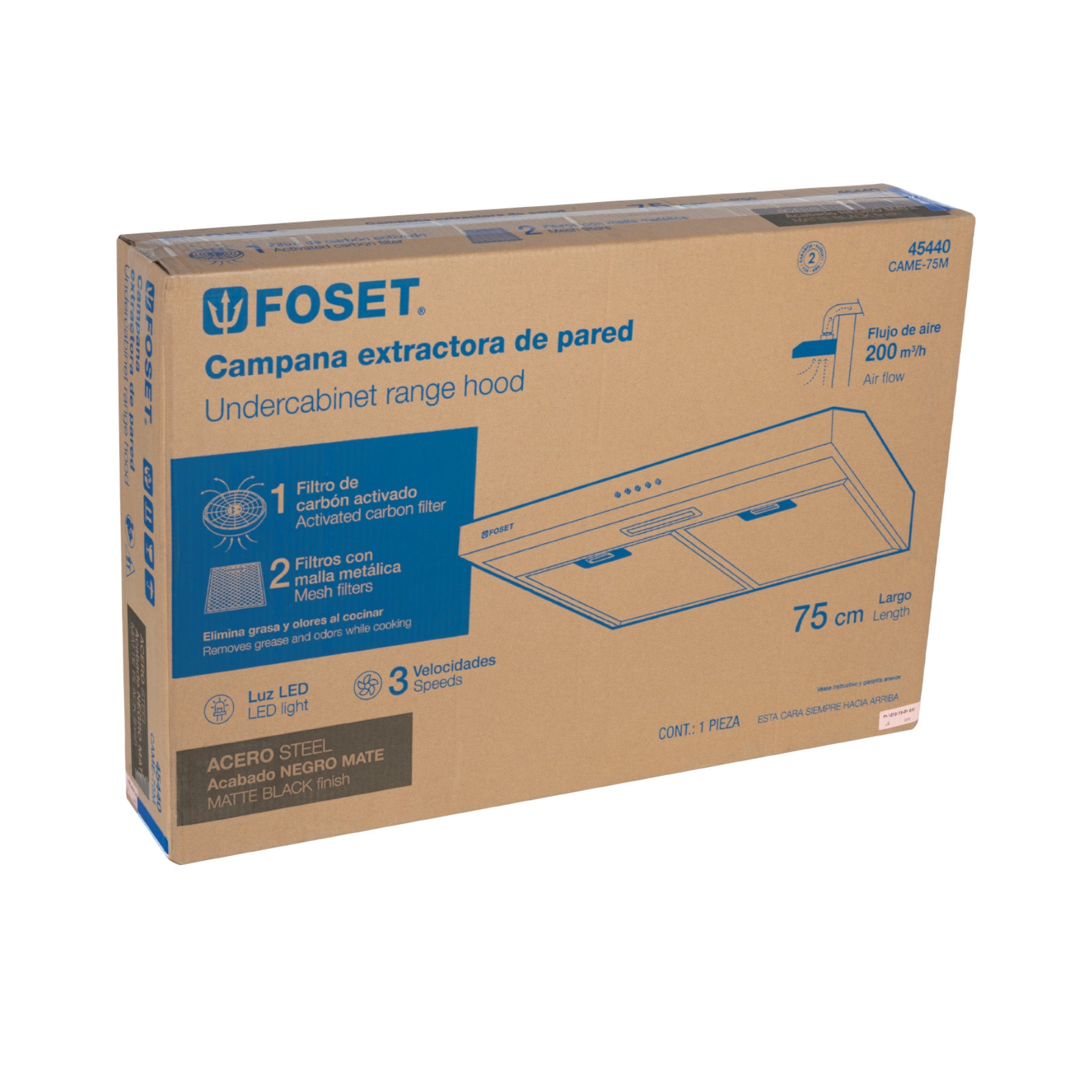 Campana extractora 75 cm, empotrable, negra, Foset