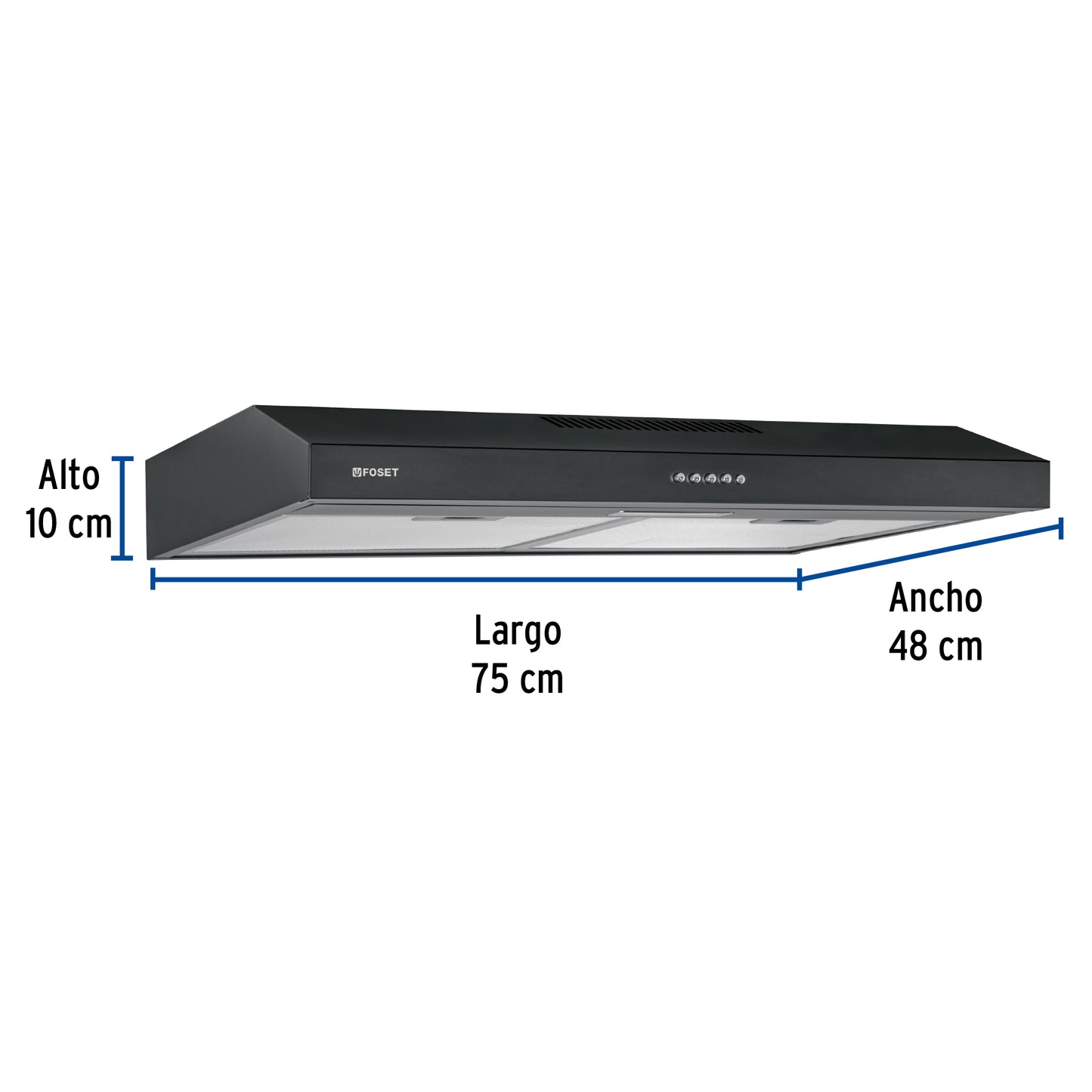 Campana extractora 75 cm, empotrable, negra, Foset