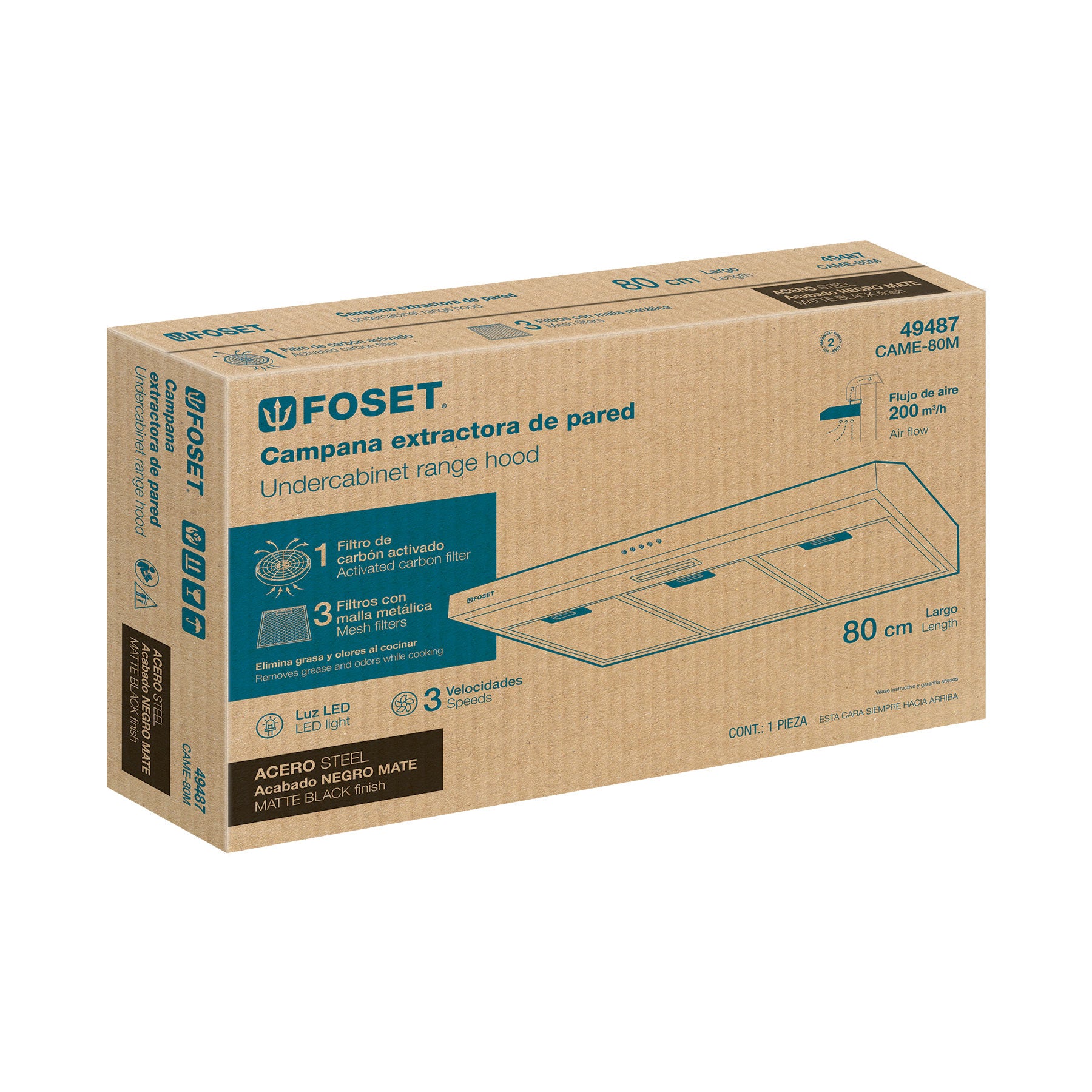 Campana extractora 80 cm, de pared, acero inoxidable, Foset