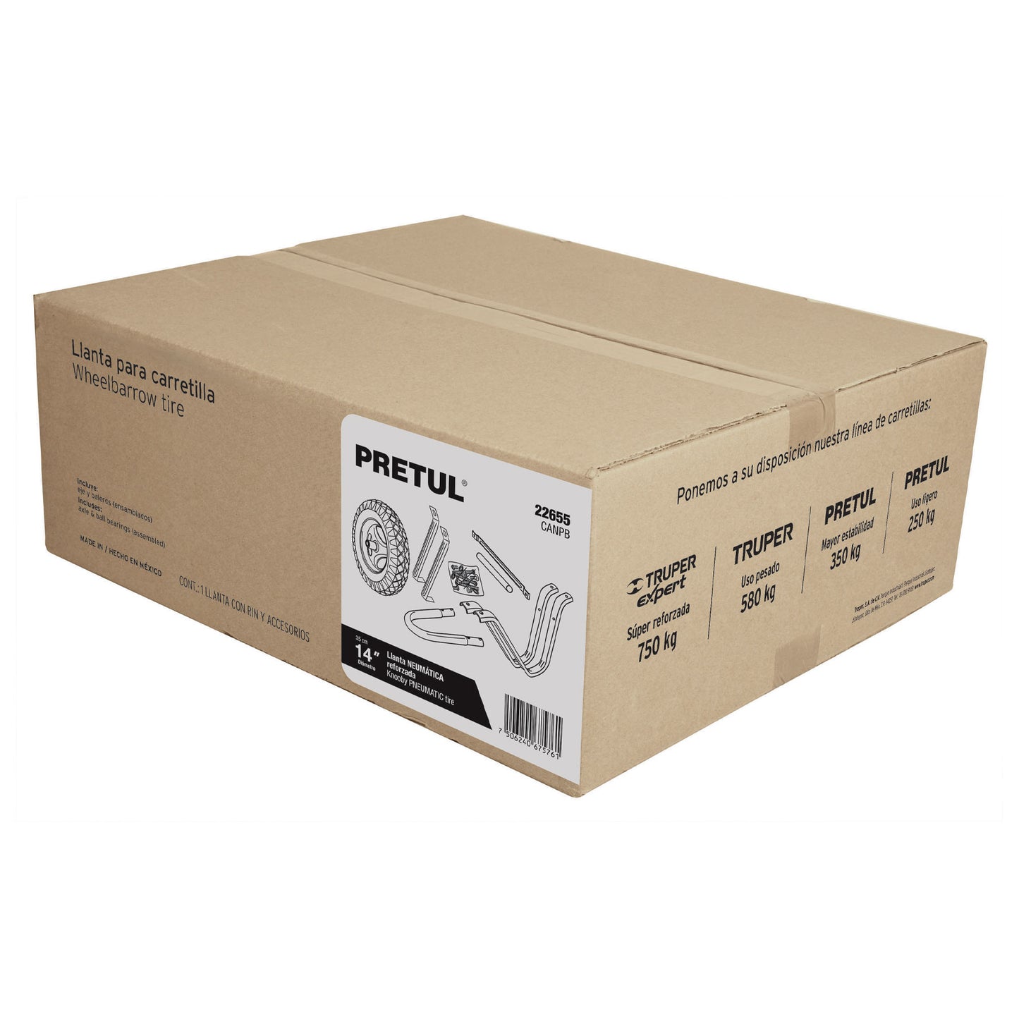 Caja c/accesorios y llanta neumática 13" p/carretilla,Pretul