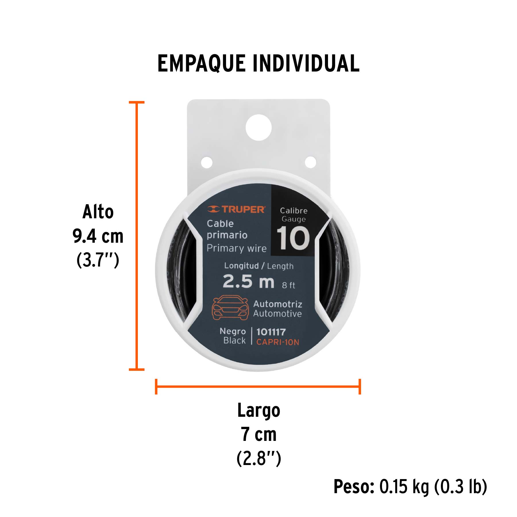 Cable primario, calibre 10, rollo 2.5 m, negro