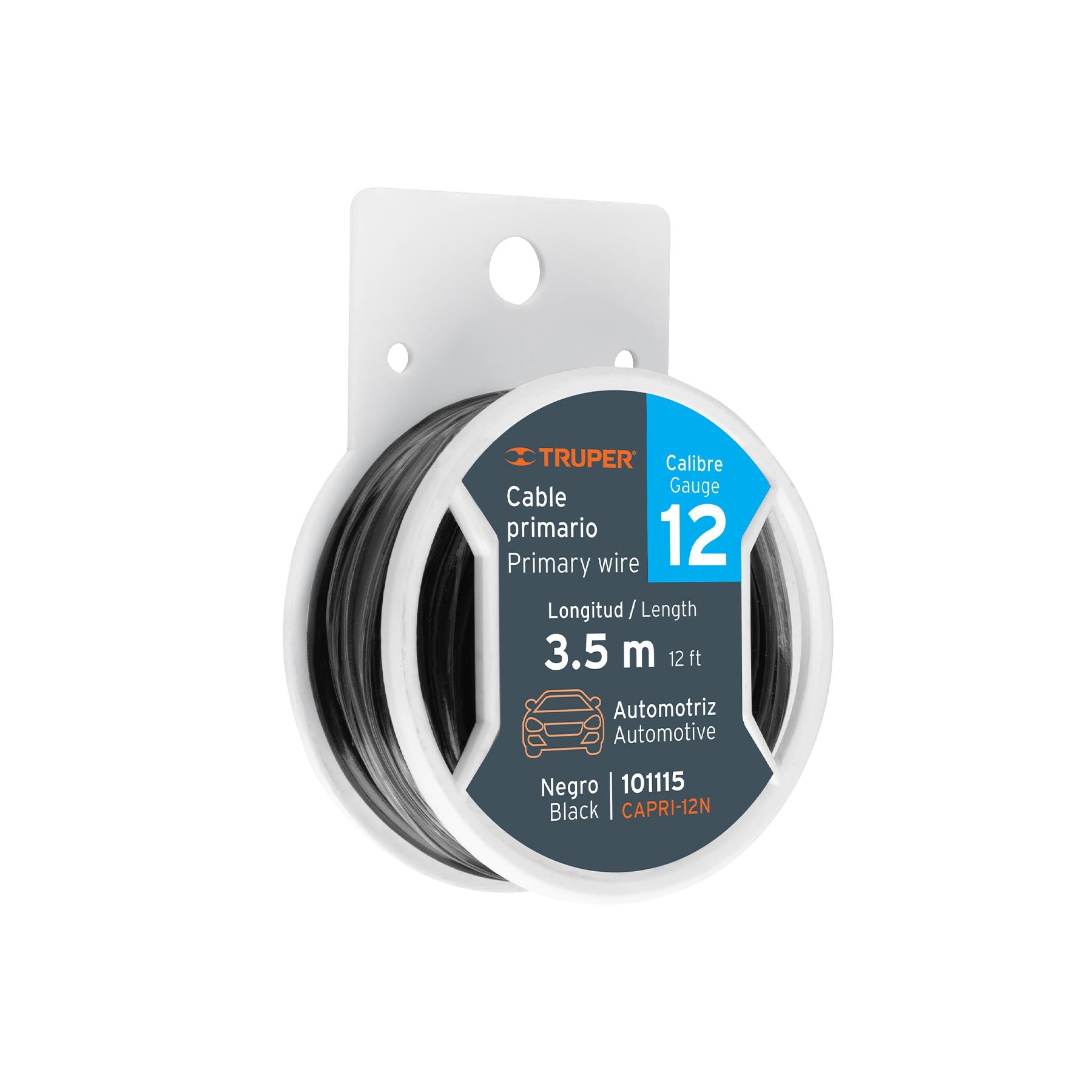 Cable primario, calibre 12, rollo 3.5 m, negro