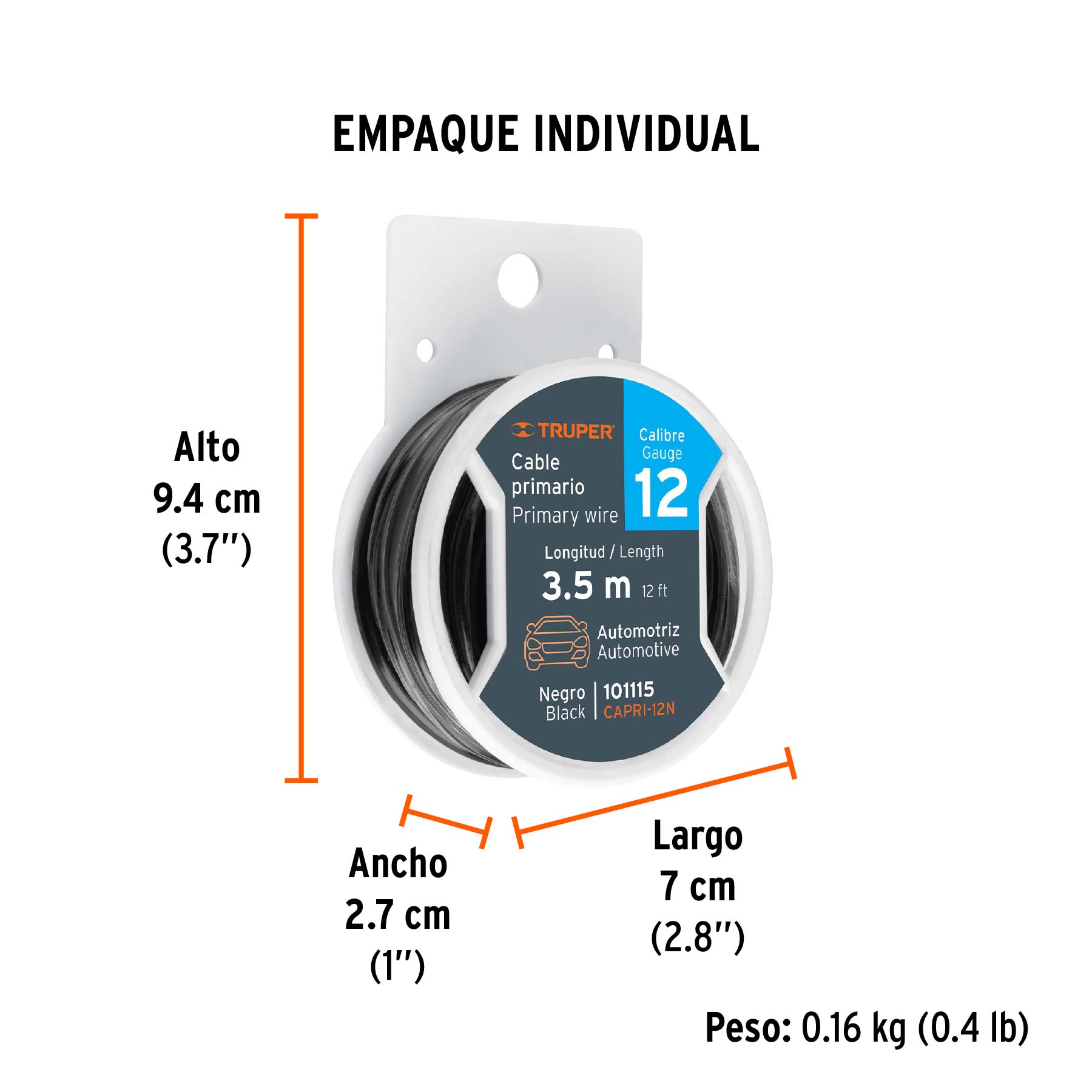 Cable primario, calibre 12, rollo 3.5 m, negro
