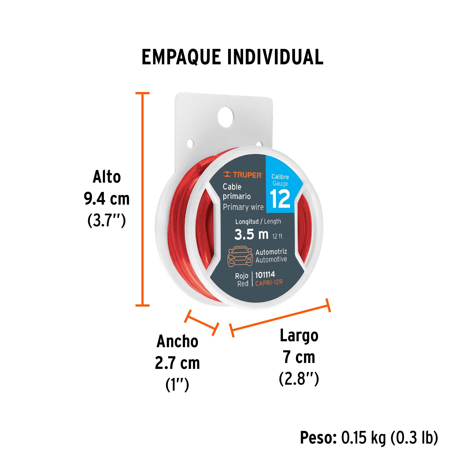 Cable primario, calibre 12, rollo 3.5 m, rojo