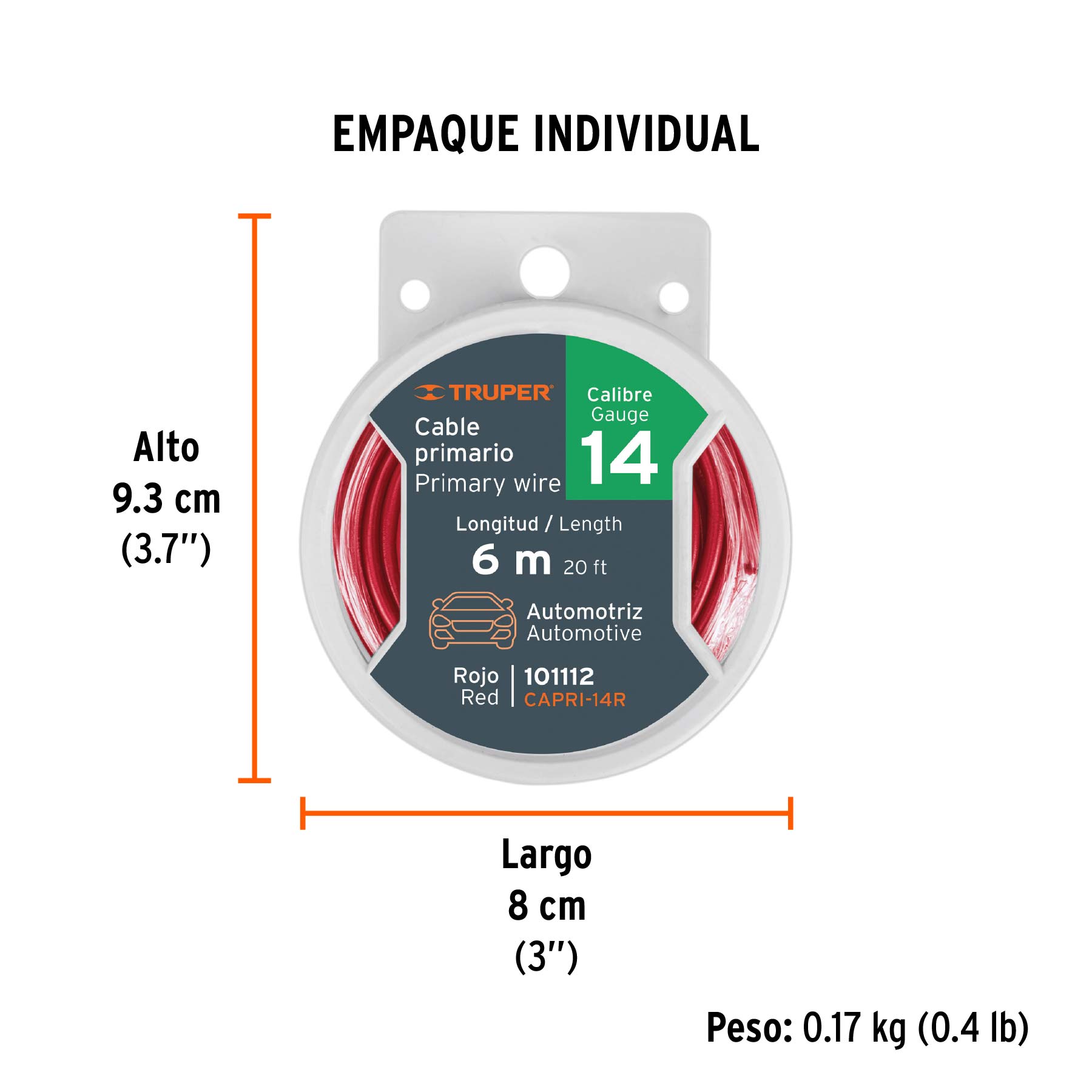 Cable primario, calibre 14, rollo 6 m, rojo