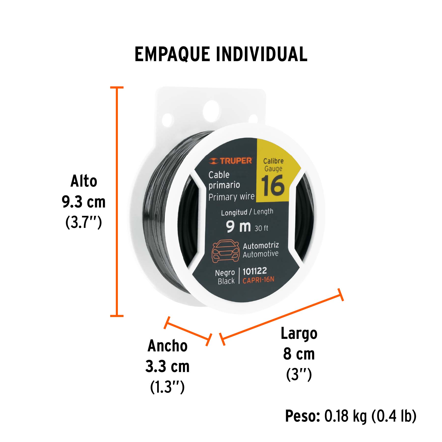 Cable primario, calibre 16, rollo 9 m, negro