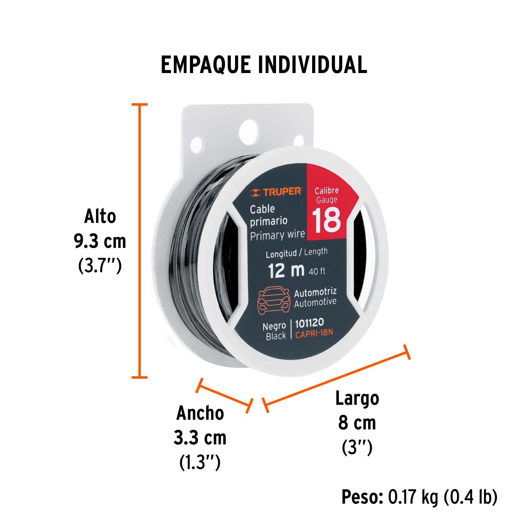 Cable primario, calibre 18, rollo 12 m, negro