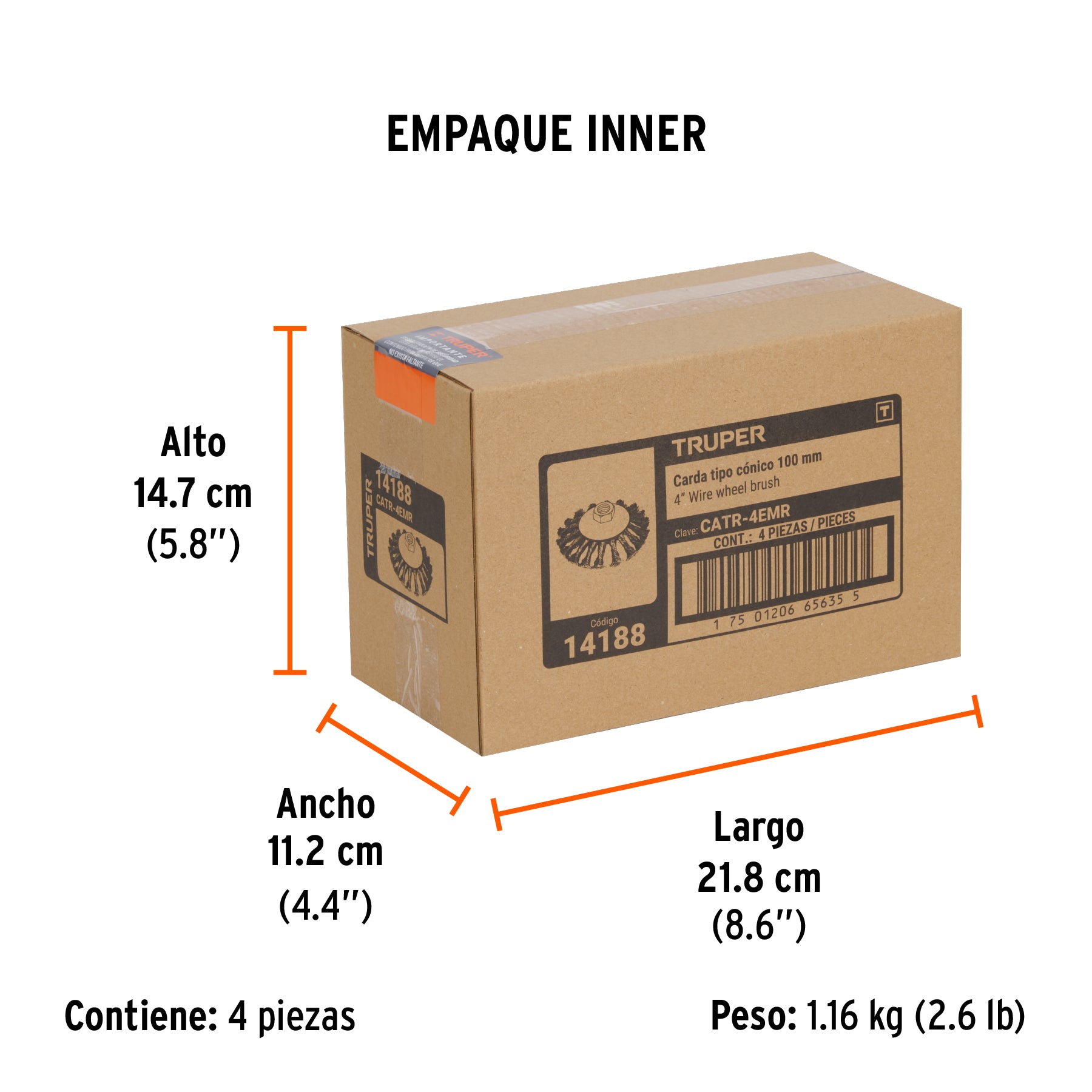 Carda trenzada tipo cónico 4" para esmeriladora, milimétrica