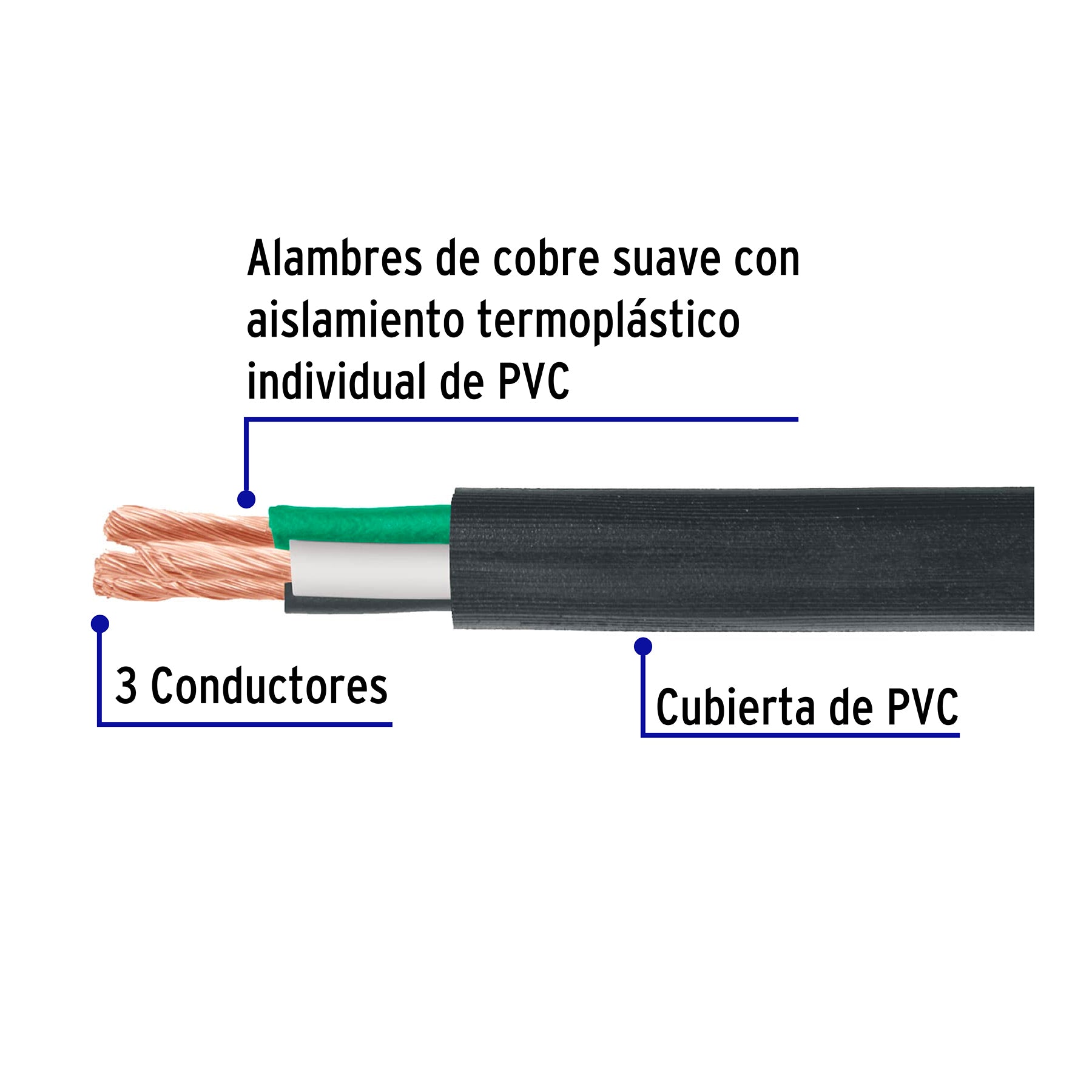 Cable uso rudo, 3 conductores, calibre 14, rollo de 100 m.