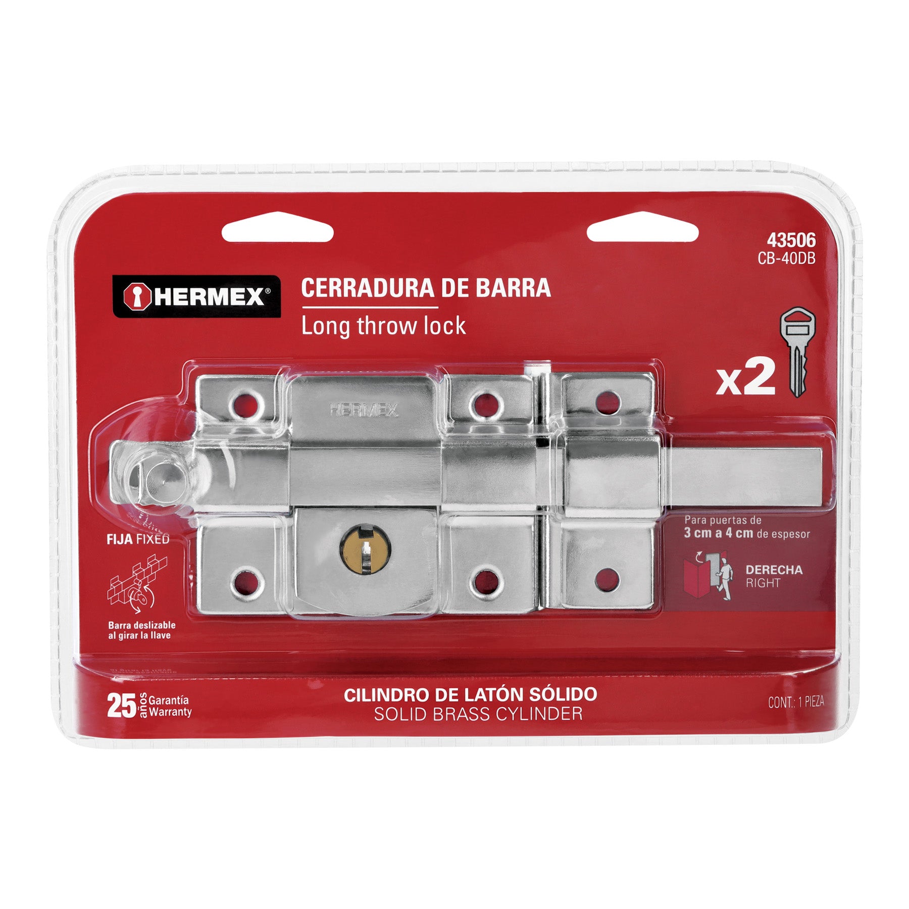 Cerradura de barra fija, derecha, blister