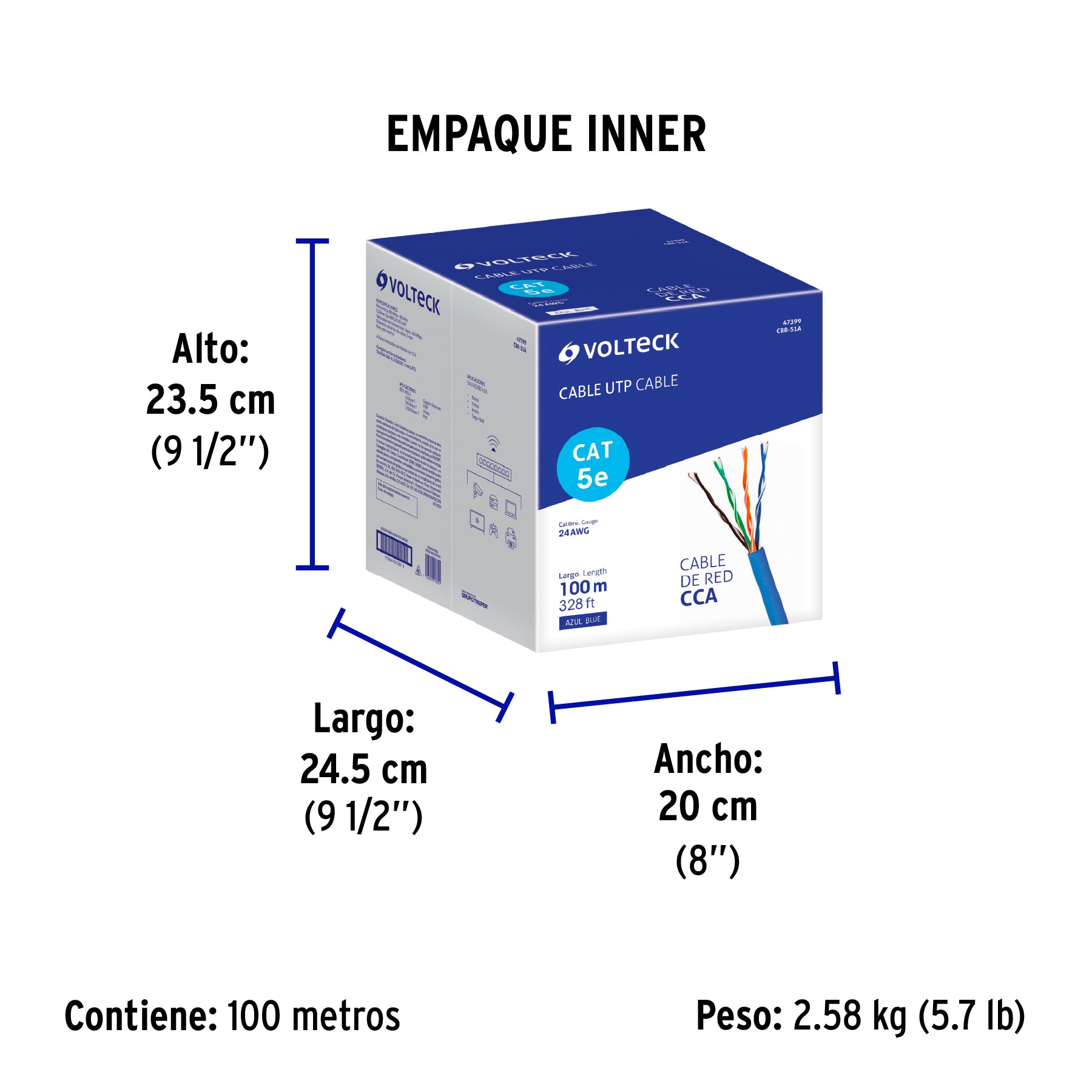 Metro de cable UTP CAT5E, Bobina de 100m, azul, VOLTECK