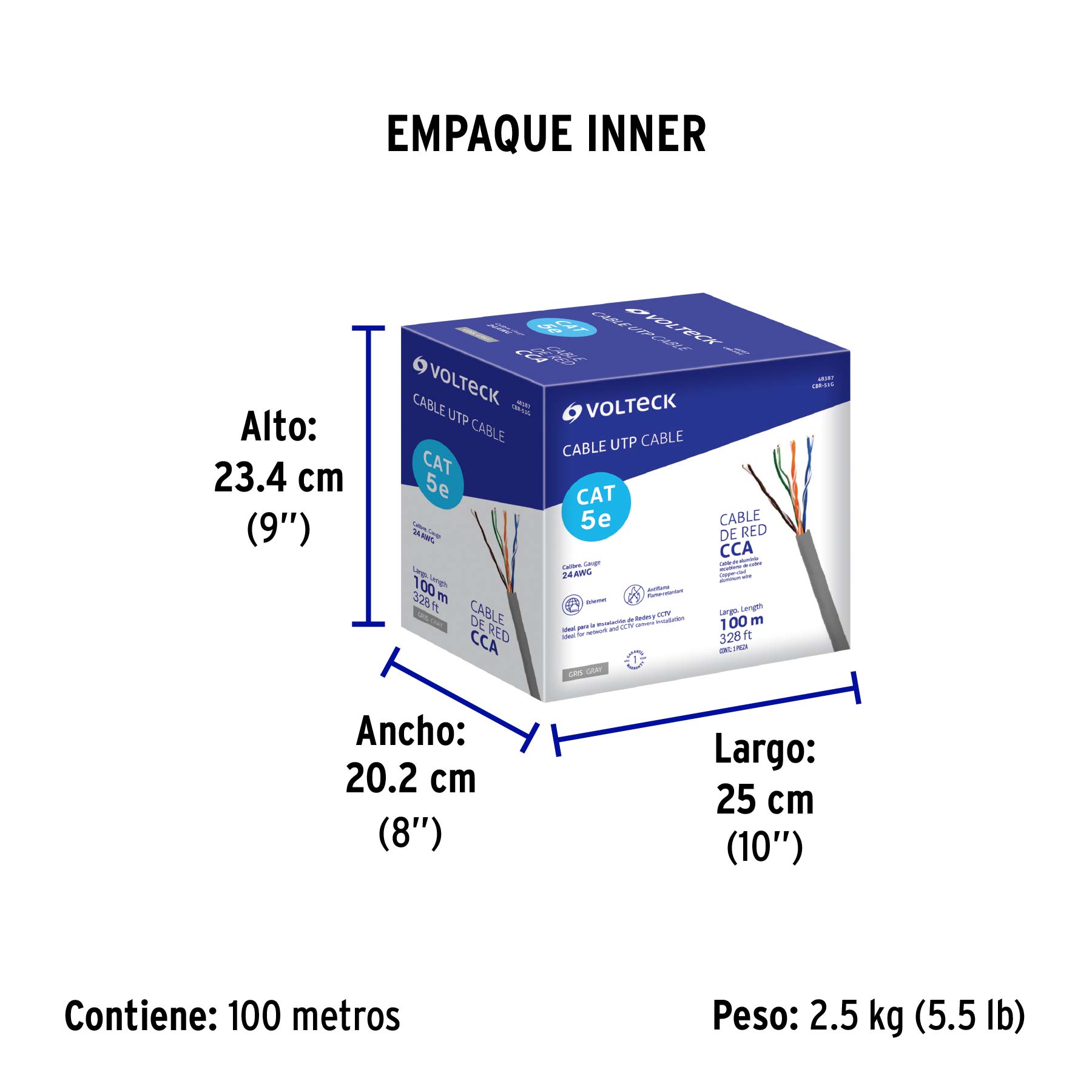 Metro de cable UTP CAT5E, Bobina de 100m, gris, VOLTECK
