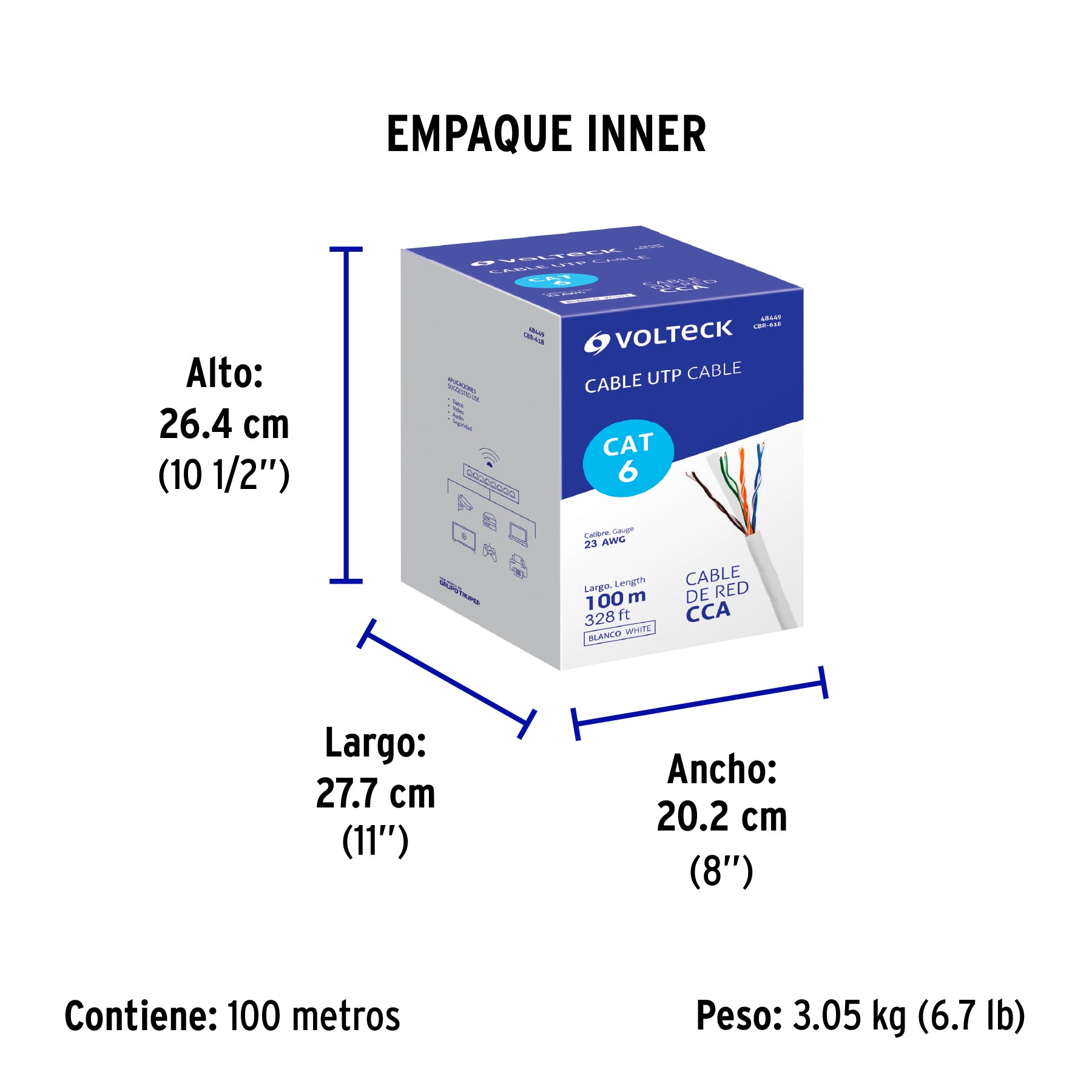 Metro de cable UTP CAT6, Bobina de 100m, blanco, VOLTECK