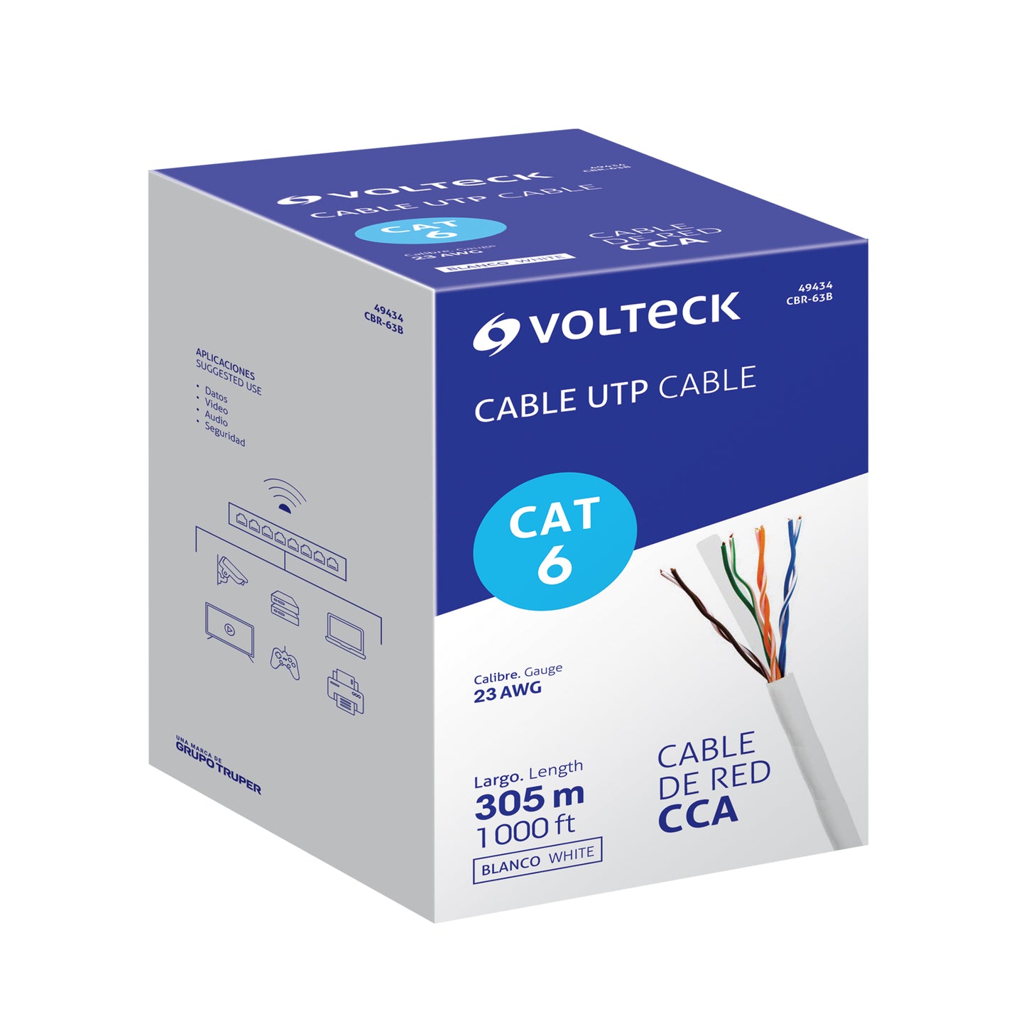 Metro de cable UTP CAT6, Bobina de 305m, blanco, VOLTECK