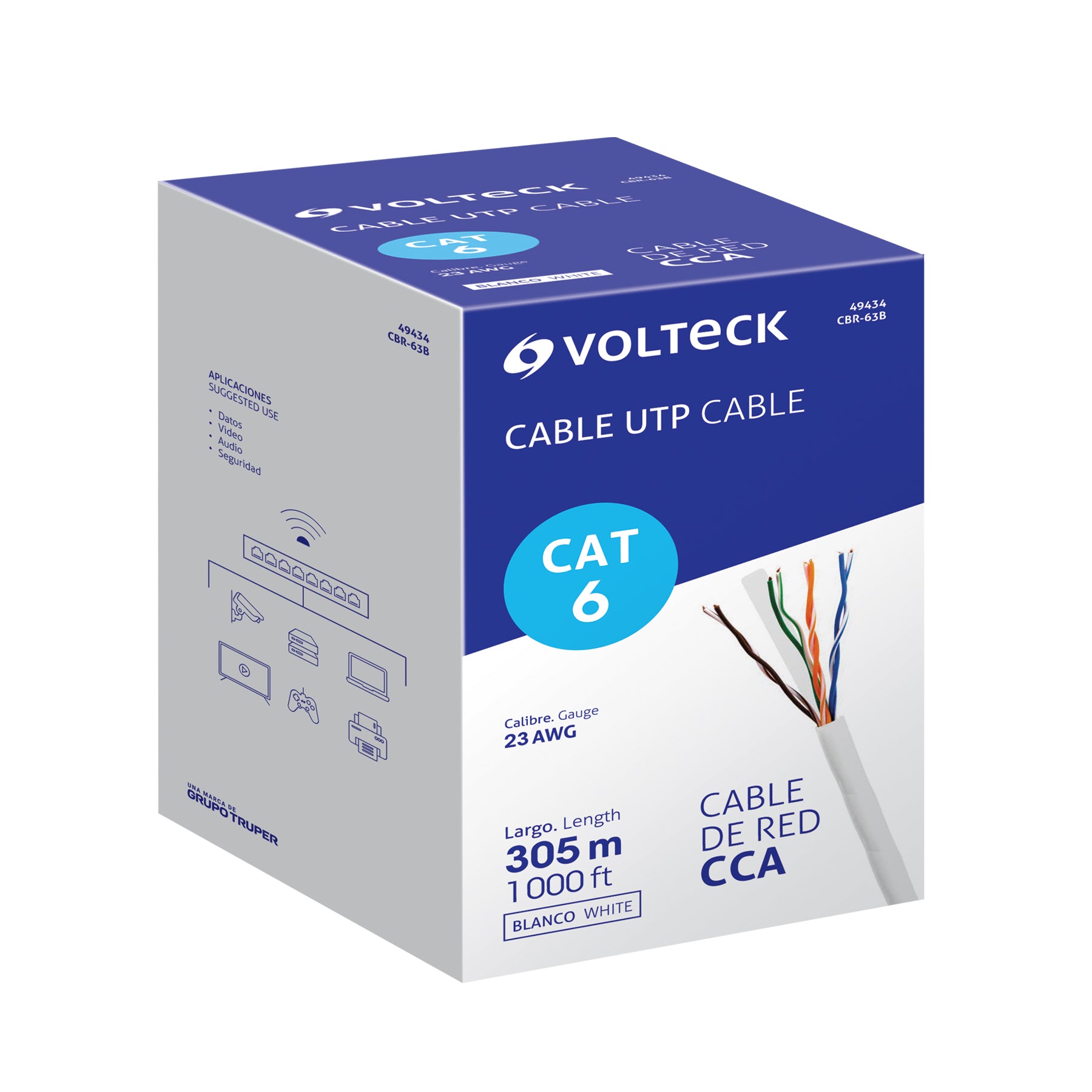 Metro de cable UTP CAT6, Bobina de 305m, blanco, VOLTECK