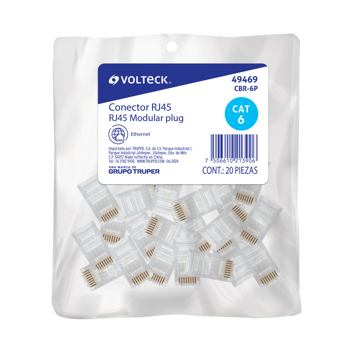 Plug RJ45 CAT6, Bolsa con 20 piezas, VOLTECK