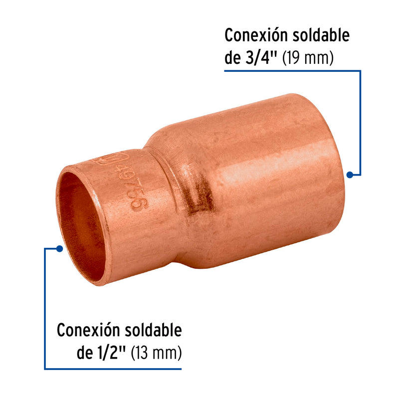 Cople reducción bushing cobre 3/4"x 1/2"
