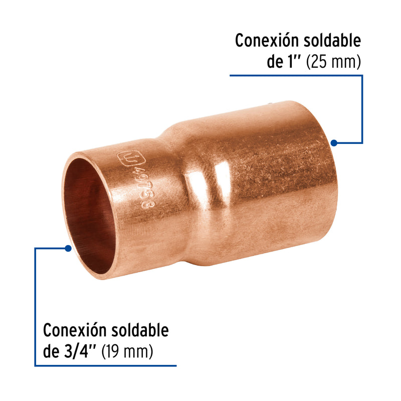 Cople reducción bushing cobre, 1"x 3/4"
