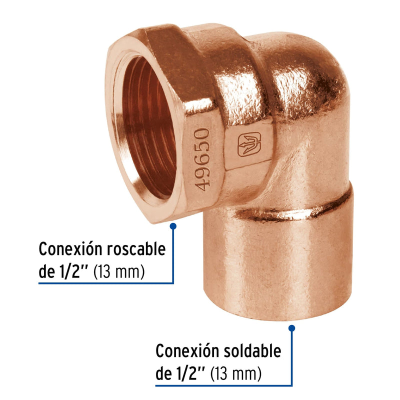 Codo 90° de cobre, rosca interior 1/2"