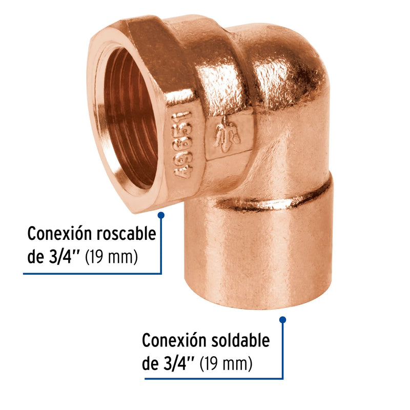 Codo 90° de cobre, rosca interior 3/4"
