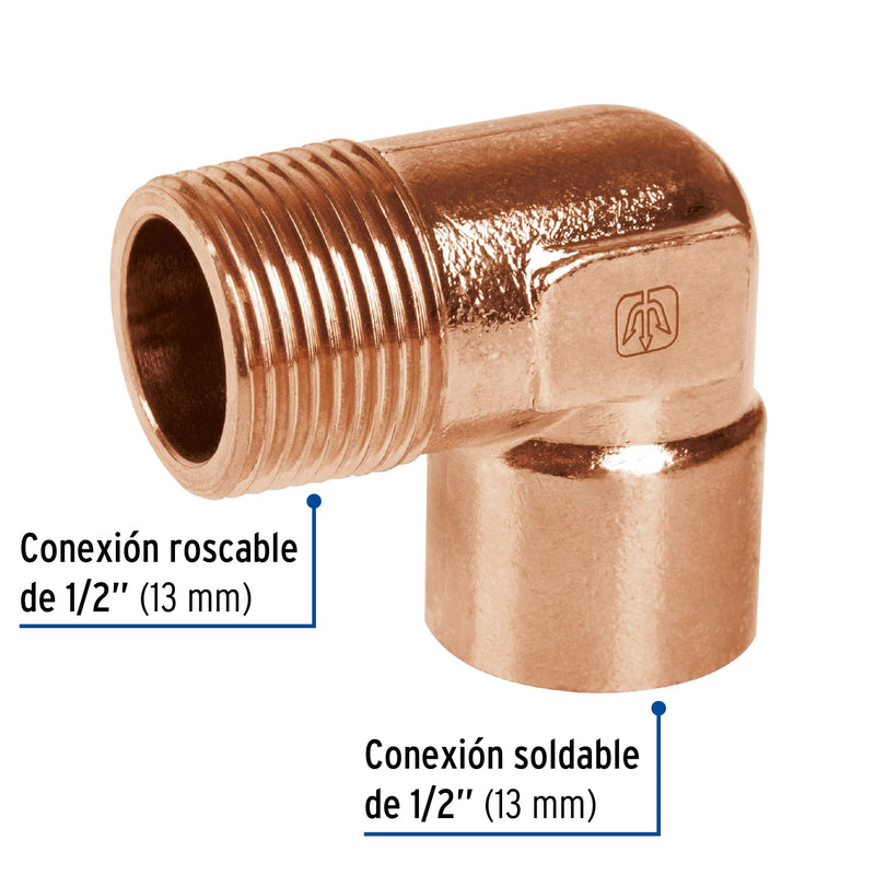 Codo 90° de cobre, rosca exterior 1/2"