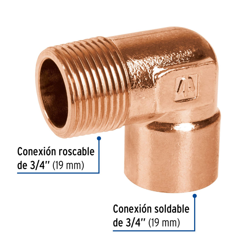 Codo 90° de cobre, rosca exterior 3/4"