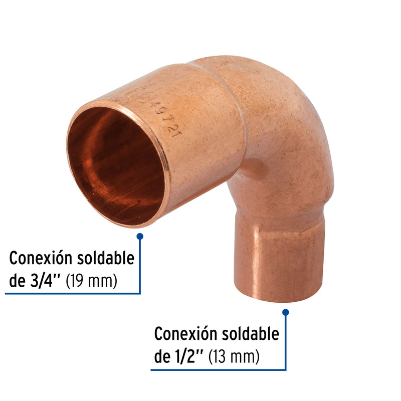 Codo 90° de cobre, reducido, 3/4" x 1/2"
