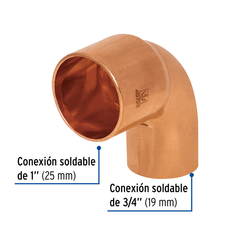 Codo 90° de cobre, reducido, 1" x 3/4"