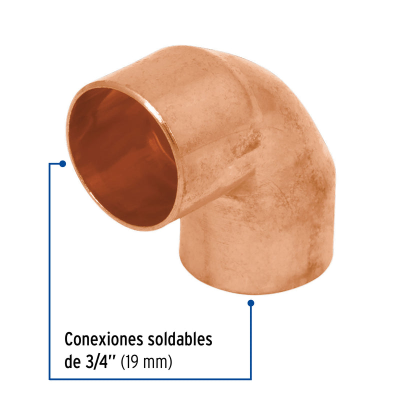 Codo 90° de cobre de 3/4"